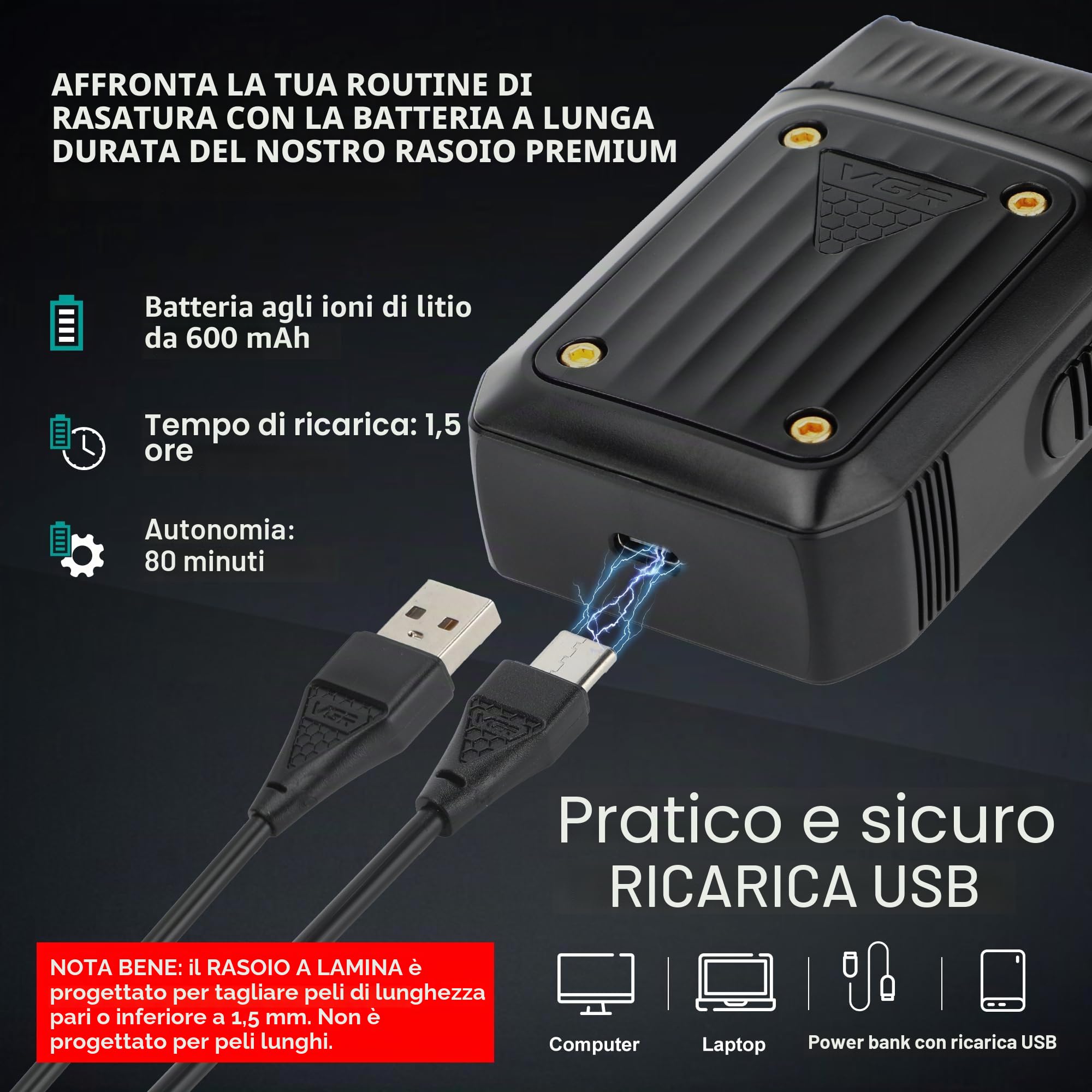 VGR Rasoio elettrico da uomo, ricaricabile senza fili, con batteria da 80 minuti, 8000 giri/min, per barba, viso, testa calva, collo, dissolvenza della pelle, rasatura precisa e pulita