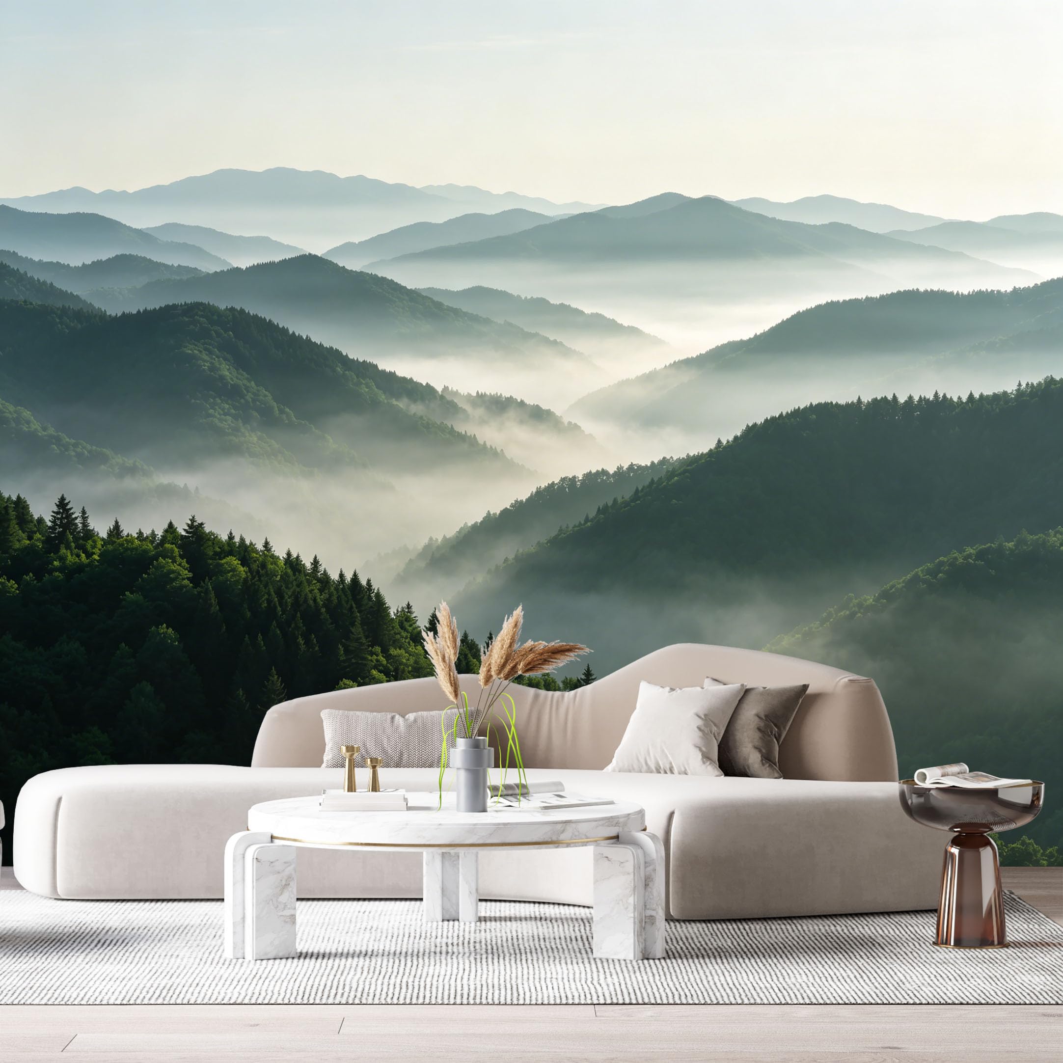 Custom Size Wall Murals Misty Mountain Landscape Forest Valley Sunrise SelfAdhesive Wall Fabric Removable Large Wallpaper for Photo Living Room