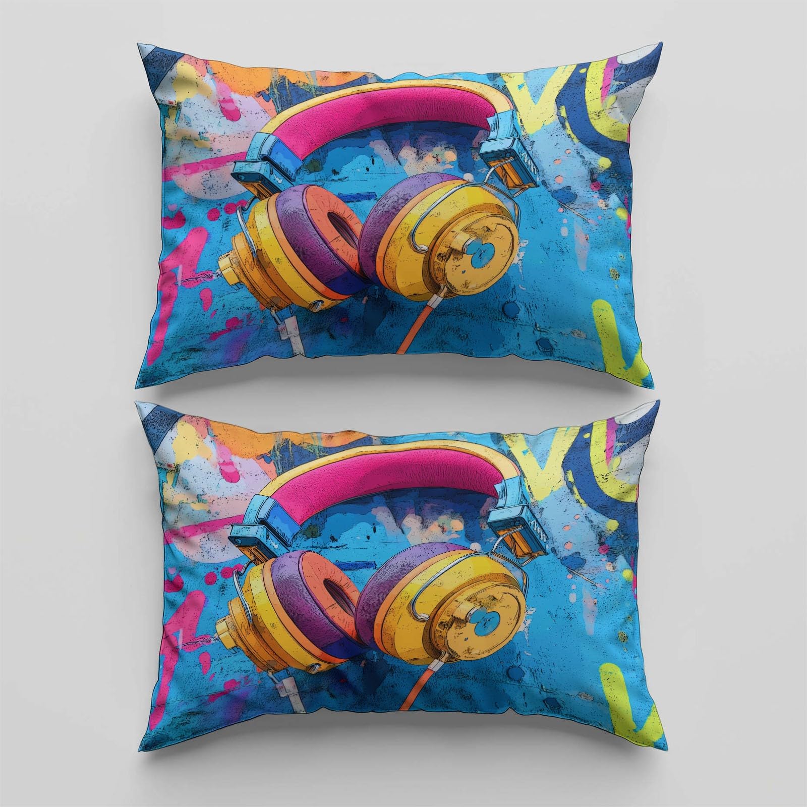 Set di biancheria da letto king size con cerniera nascosta, per ragazzi e ragazzi, motivo: cuffie e cuffie con musica hip-hop, blu, in morbida microfibra, con cerniera nascosta, 230 x 220 cm + 2