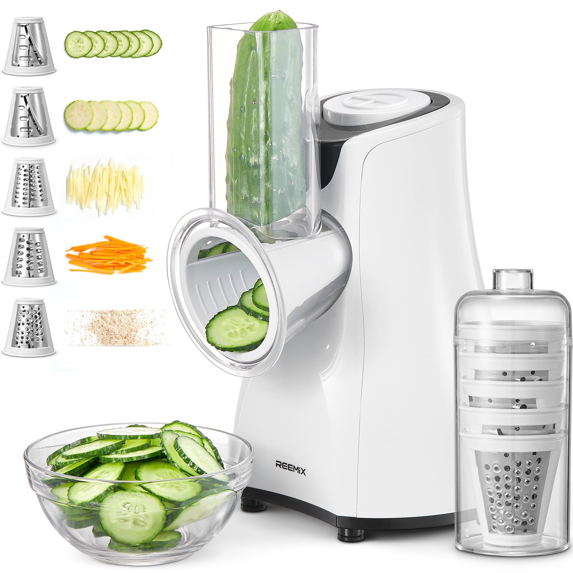 Electric Cheese Grater, Reemix 5 Multi Blade Cheese Shredder Salad Maker for Home Kitchen Use, Detachable Vegetable Slicer Electric Grater for Cheese, Vegetables, Fruits