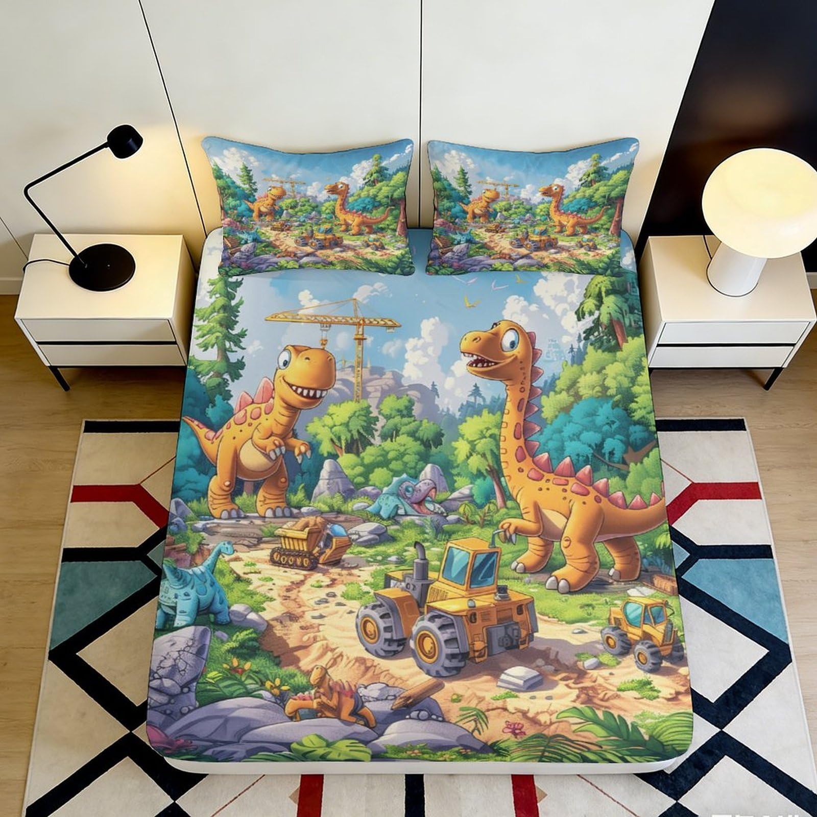 3D Printed Cartoon Dinosaur Fitted Sheet Microfiber Soft Breathable Forest Adventure Mattress Cover for Bedroom Guestroom Decor 90x200x25cm