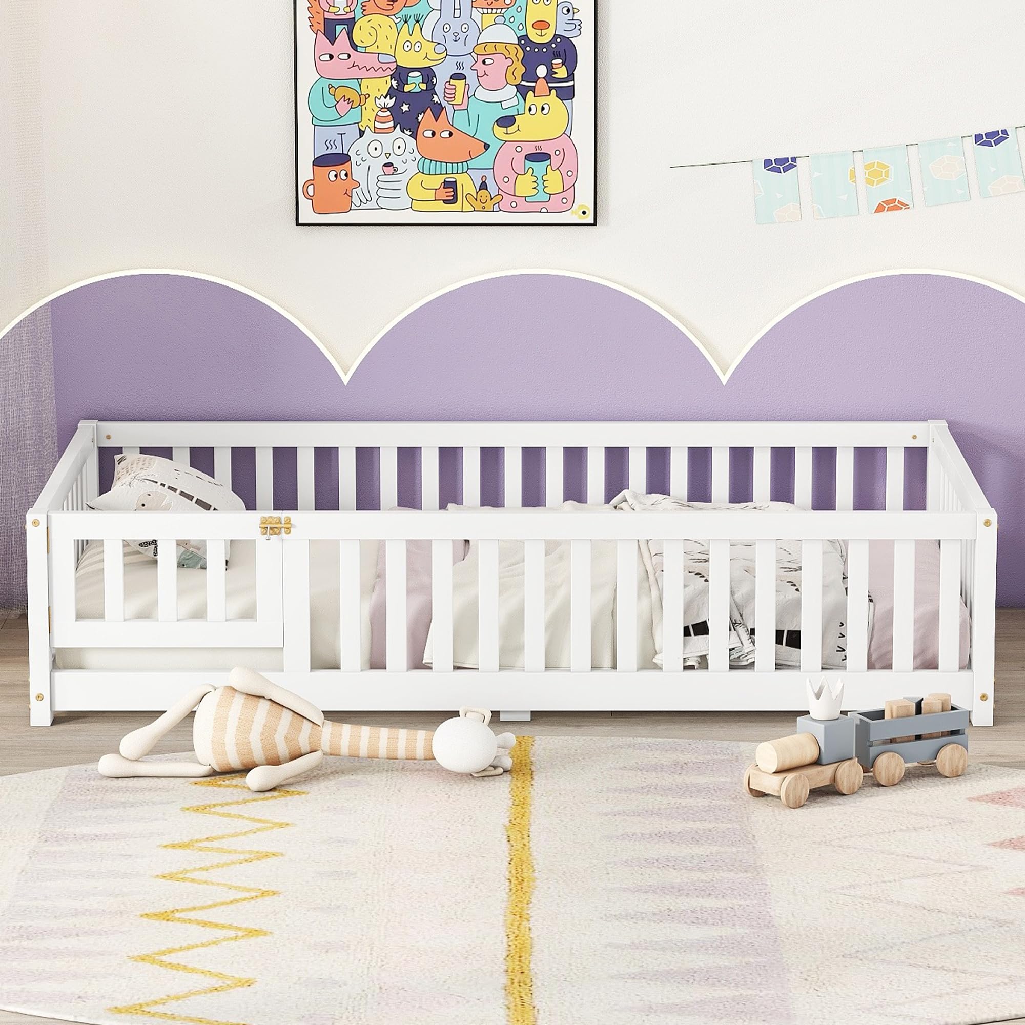 Twin Floor Bed Frame with Slats and Safety Guardrail, Wood Twin Size Montessori Floor Bed with Door and Fence, Easy Assemble Montessori Beds for Kids, Girls, Boys, White