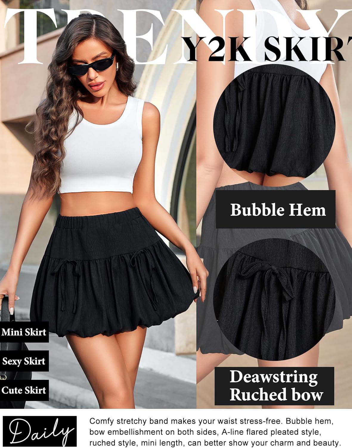 Avidlove Mini Skirt for Women Bubble Puffy Hem Y2K Elastic Waist A Line Basic Casual Skirts S-XXL - Image 3