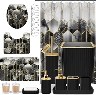 Bathroom Set - 26PC Bathroom Set with Shower Curtain and Rugs, Bathroom Accessory Set, Black Bathroom Accessories Set, Trash Can & Soap Dispenser