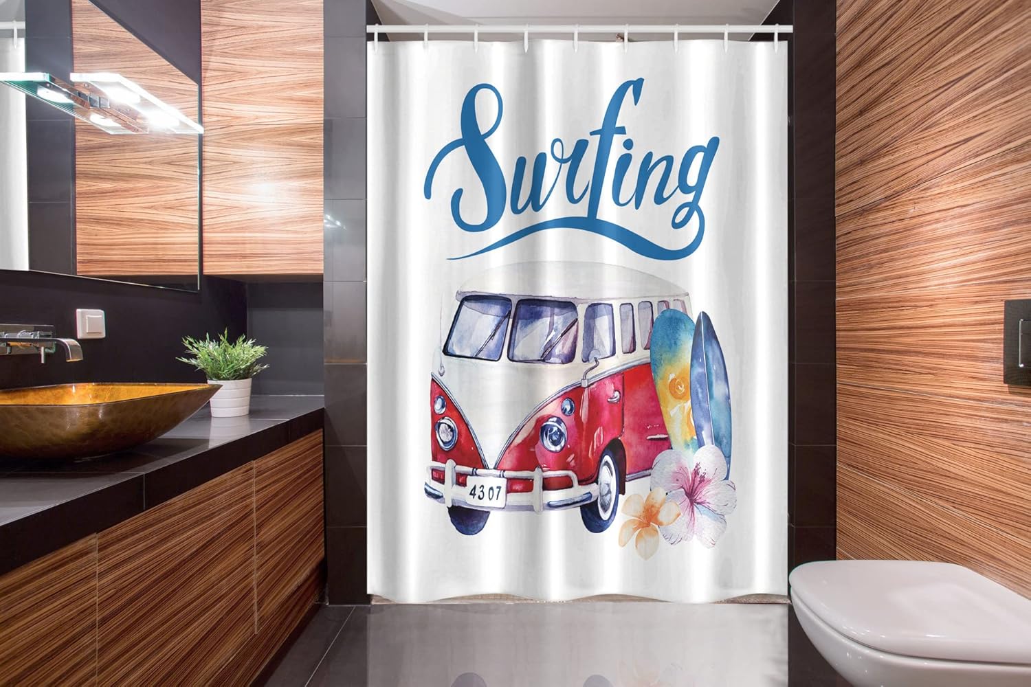 Ambesonne Surfboard Stall Shower Curtain, Beach Holiday Tropical Surfing Time Bus Shell Flower Hibiscus, Fabric Bathroom Decor Set with Hooks, 54" W x 78" L, Slate Blue White Red