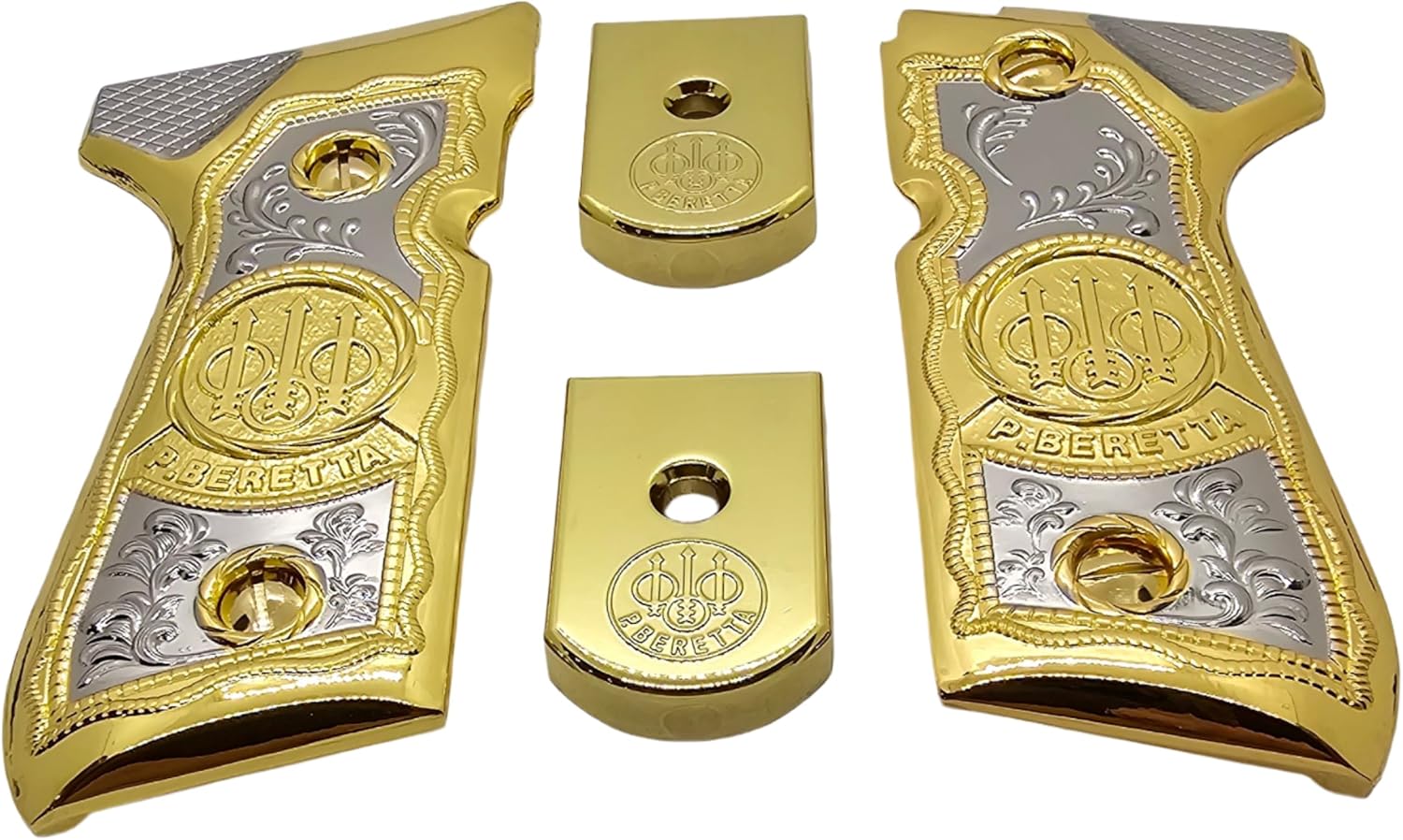 Combo Metal Grip Set with 2 Magazine Floor Plates, Compatible with Beretta 92F, 92FS, M9 & 96 Series, Nickel and Gold Two-Tone Plated Finish Decorative Replacement Accessory