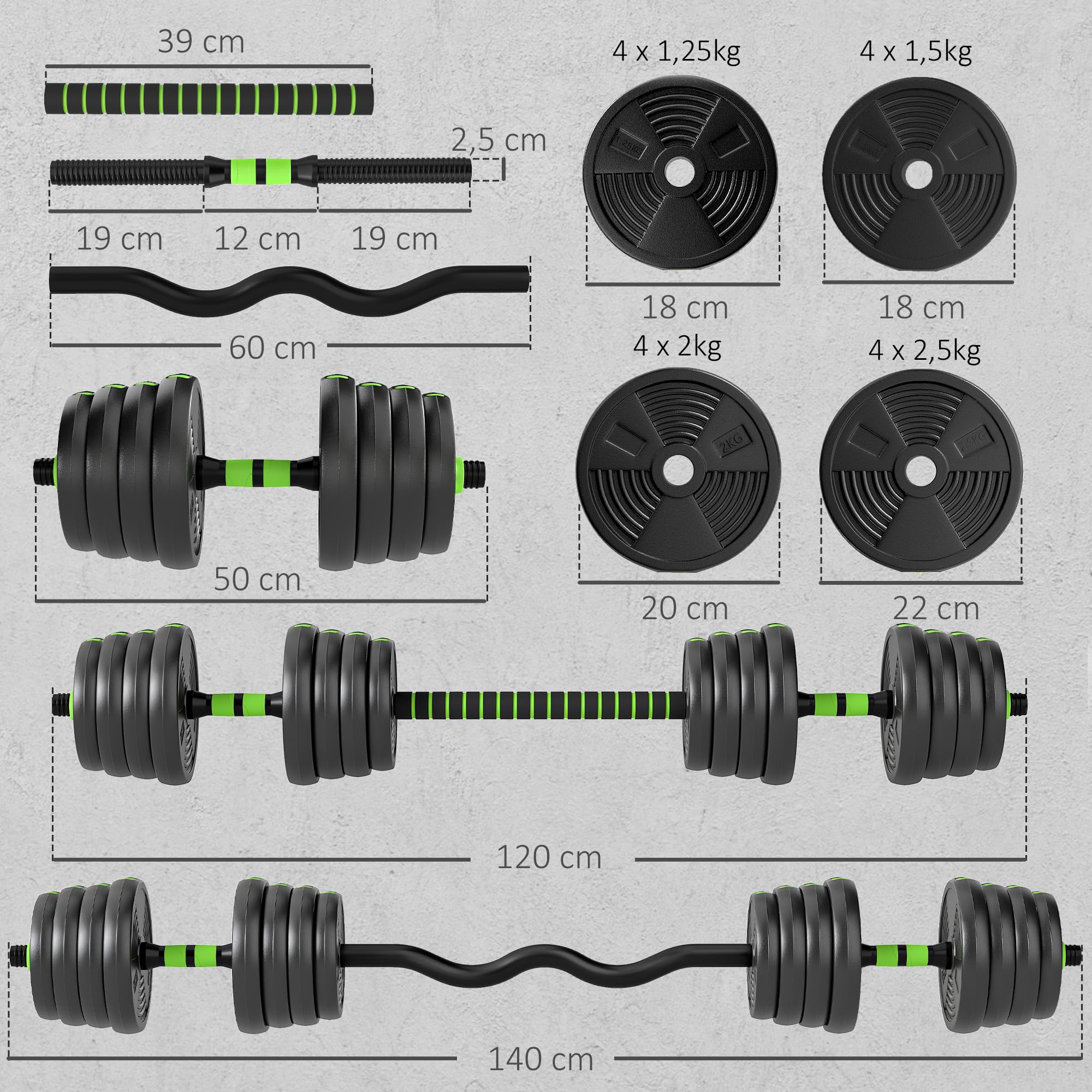 SPORTNOW 3-in-1 Hantelset Verstellbar Kurzhantel Set Verbindungsrohr 30 KG | Hanteln, Langhanteln, Kurzhanteln Set, Krafttraining, Kurzhantelset, Zuhause, Fitnessstudio