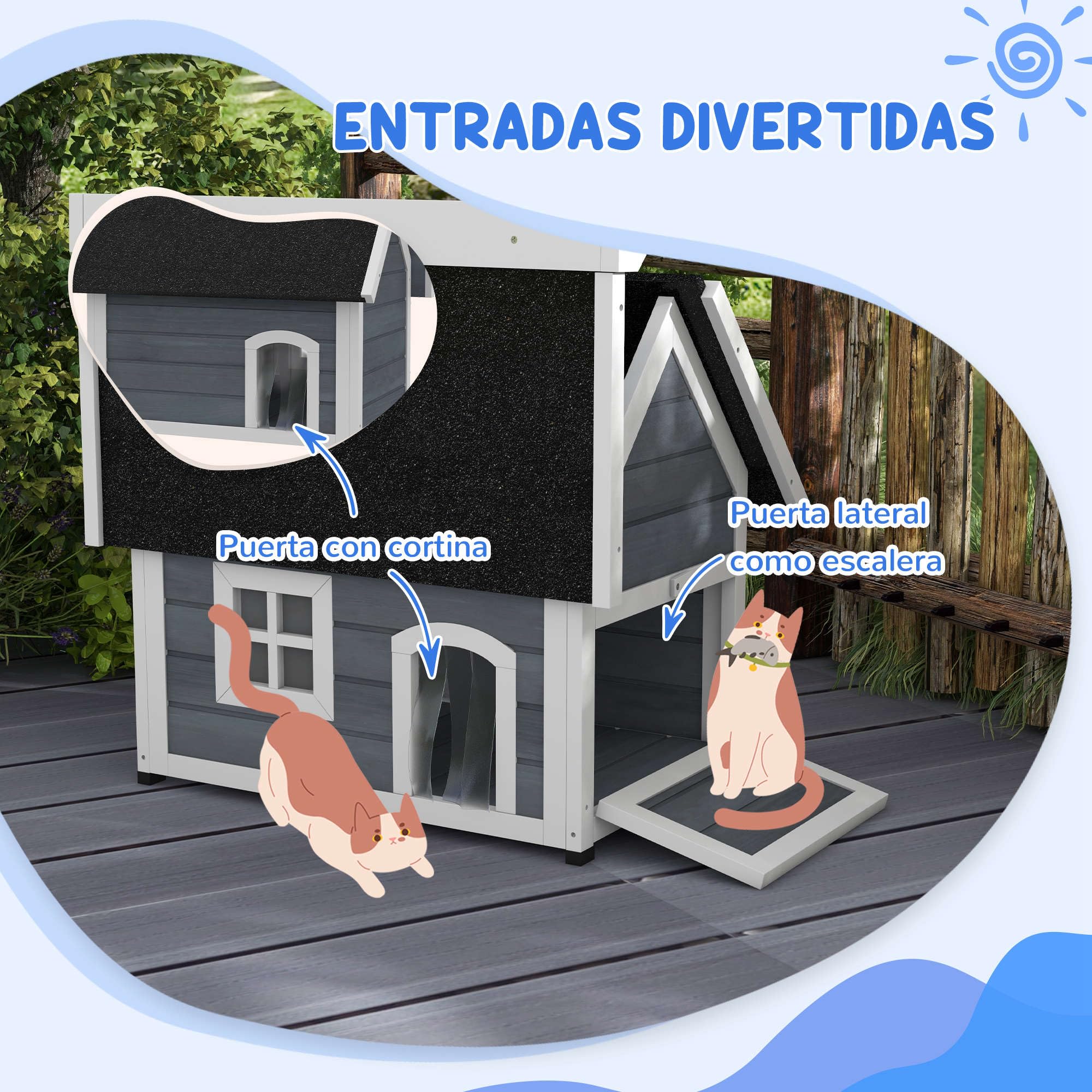 PawHut Casa para Gatos de Madera con Techo Asfáltico Abatible, Ventana y Puertas con Cortina, 77x57,5x68 cm Gris y Negro