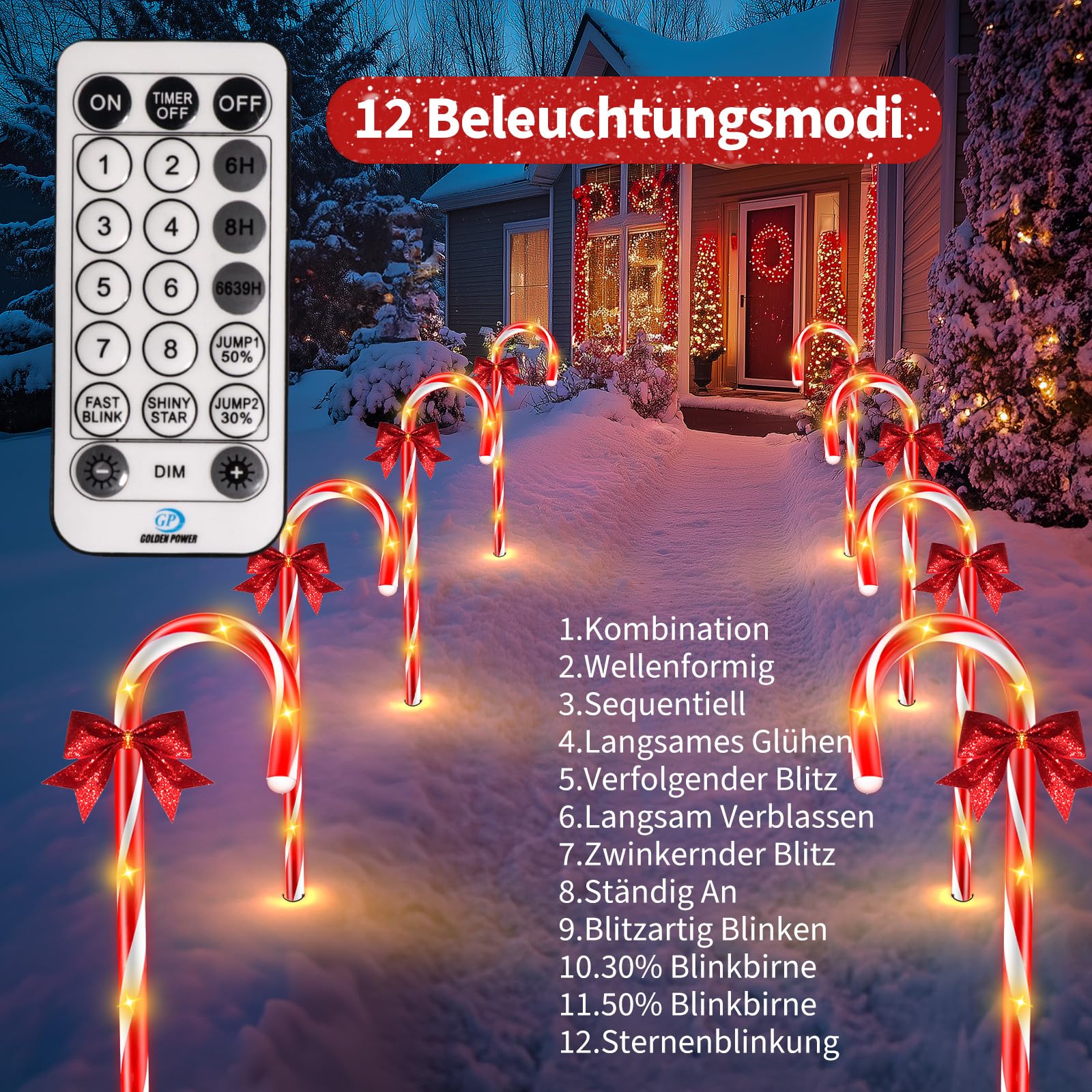 HELESIN Lot de 8 guirlandes lumineuses en forme de canne à sucre | Minuterie à 12 modes, décoration de sapin de Noël, canne à sucre éclairée, étanche, éclairage de Noël extérieur pour