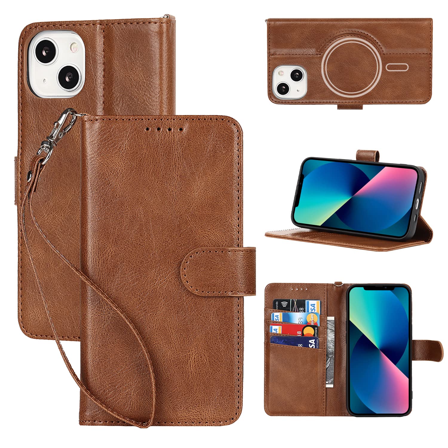 Wallet Case for iPhone 13 Flip Cases Folio Cover with RFID Blocking Card Slots Magnetic Buckle Kickstand Function Wrist Strap Phone Case with MagSafe Shockproof Anti-scratch Brown