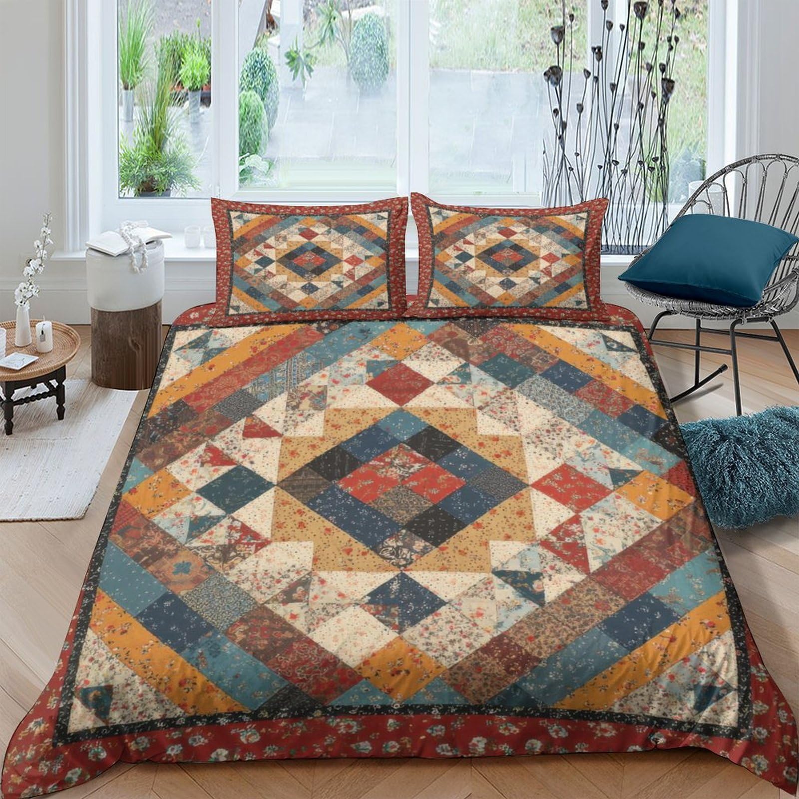 Ctjqhvkz Style-1 3D Printed Vintage Patchwork Fitted Sheet Microfiber Soft Colourful Boho Quilt Bed Cover For Bedroom Guest Room Decor Single（135X200cm）