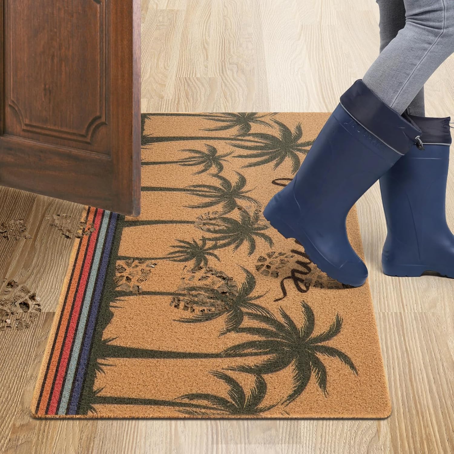 Asrug 17"x30" Palm Tree Door Mat Outdoor Indoor Welcome Mats Durable Artificial Coir Doormat for Entryway Low Profile Shoes Scraper Coconut Trees Non-Slip Door Mats for Entrance, Patio, Porch