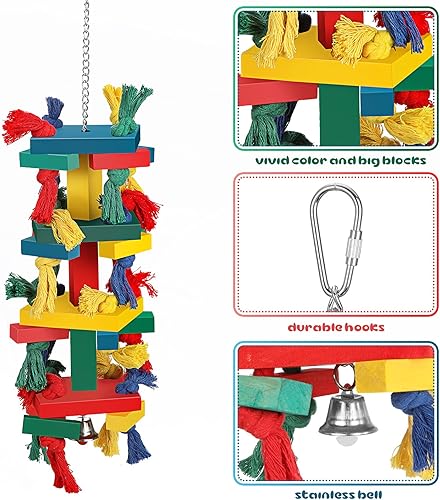 Miniatura 3 de Skylety Juguetes para pájaros, loro para pájaros grandes, loro, pájaro, juguete para masticar con campanas colgantes, bloques de loro, nudos,