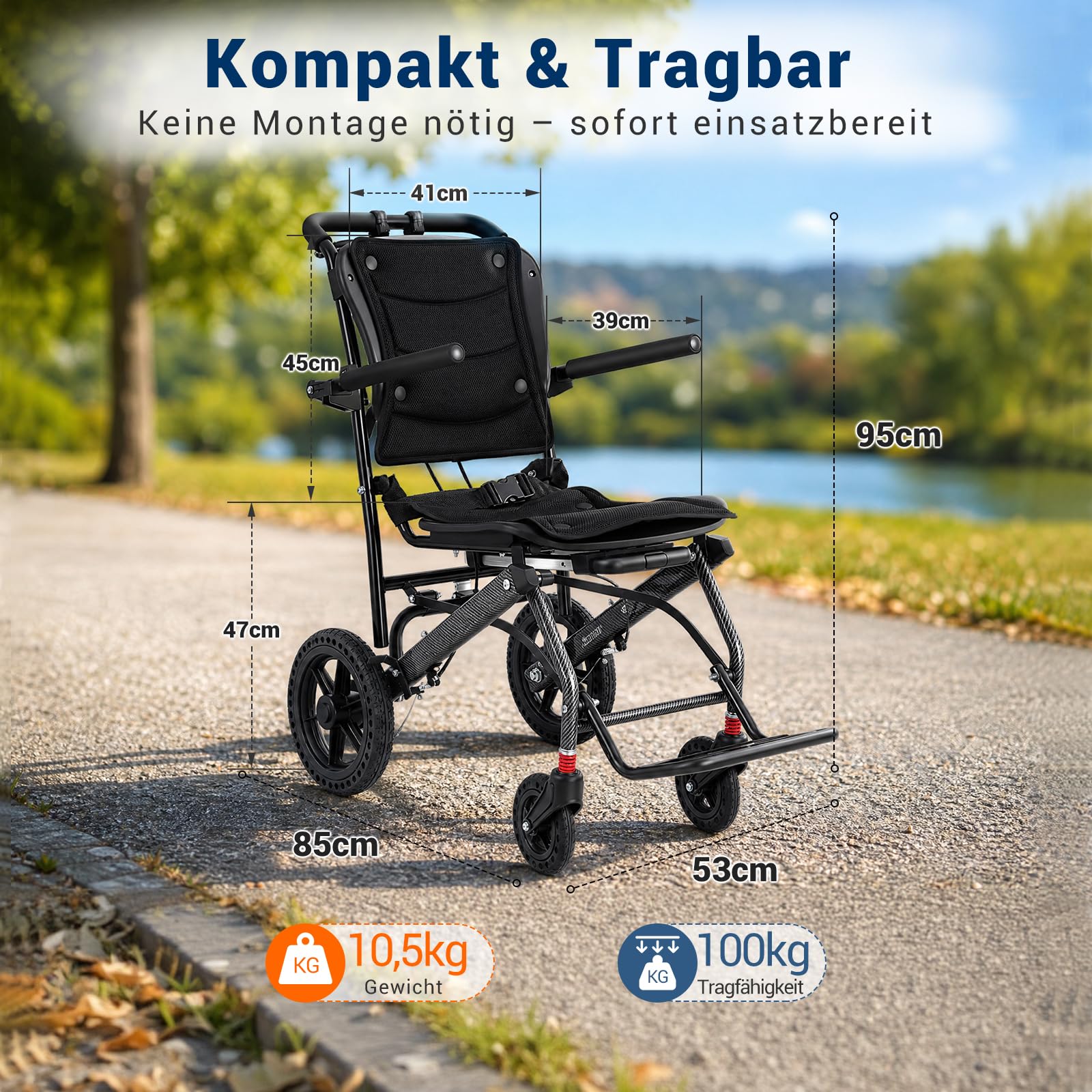 Care-parents Sedia a rotelle pieghevole leggera, 10,5 kg, larghezza della seduta 41 cm, sedia a rotelle da viaggio con asta estensibile, sedia a rotelle da trasporto sottile per appartamento, compatta