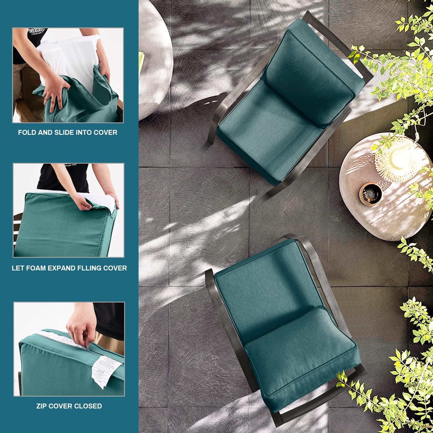 ARTPLAN Olefin 24x24 Deep Seat Patio Cushions for Outdoor Furniture,Extra 6 inch Thick,Back 18"x24",Removable,Replacement,Solid/Floral,Outdoor/Indoor,Aqua