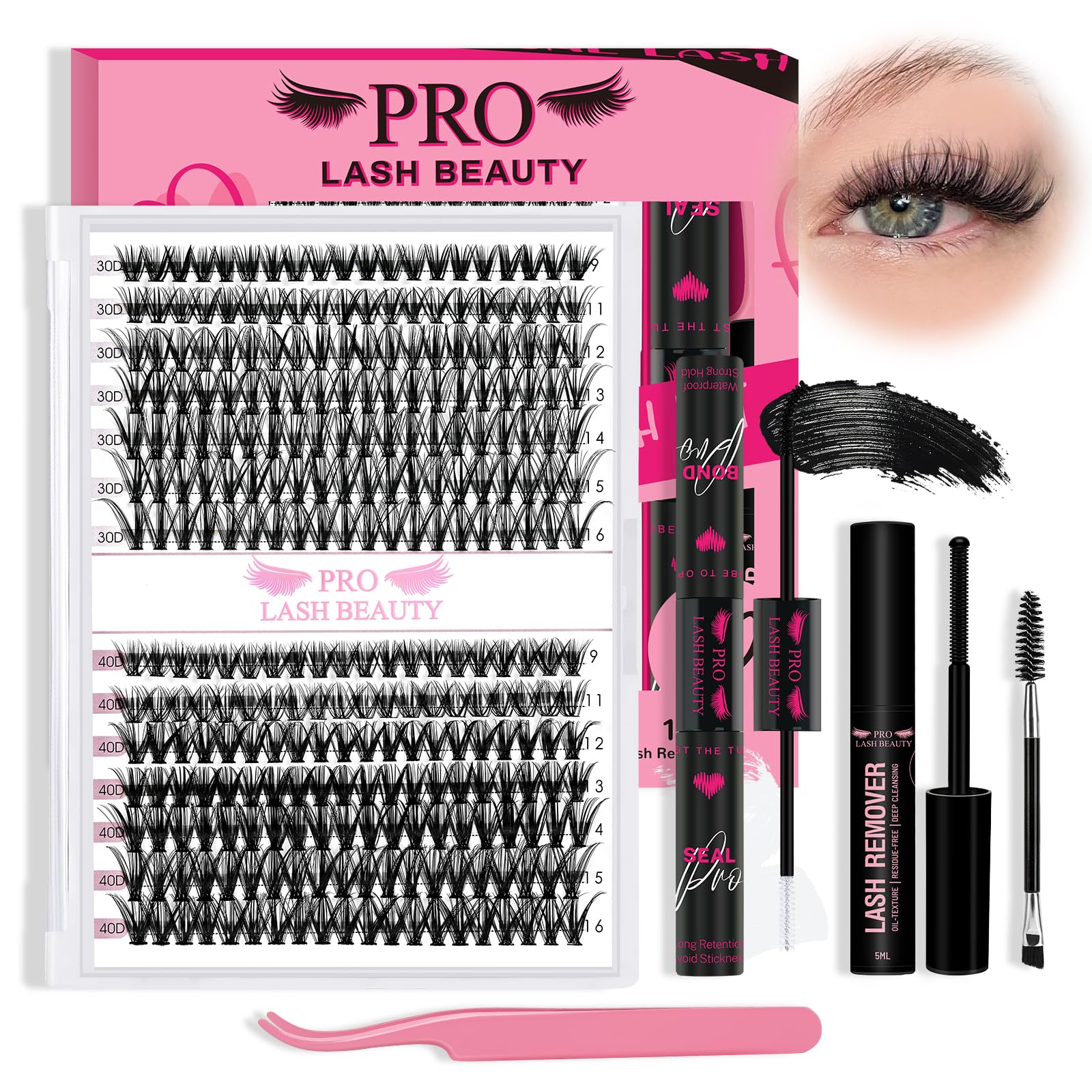 PRO Cluster Lashes Kit 280pcs Lash Clusters 30D+40D Individual Lashes Kit with Lash Bond and Seal Remover Applicator Easy to Apply at Home(30D+40D-9-16mix Kit)
