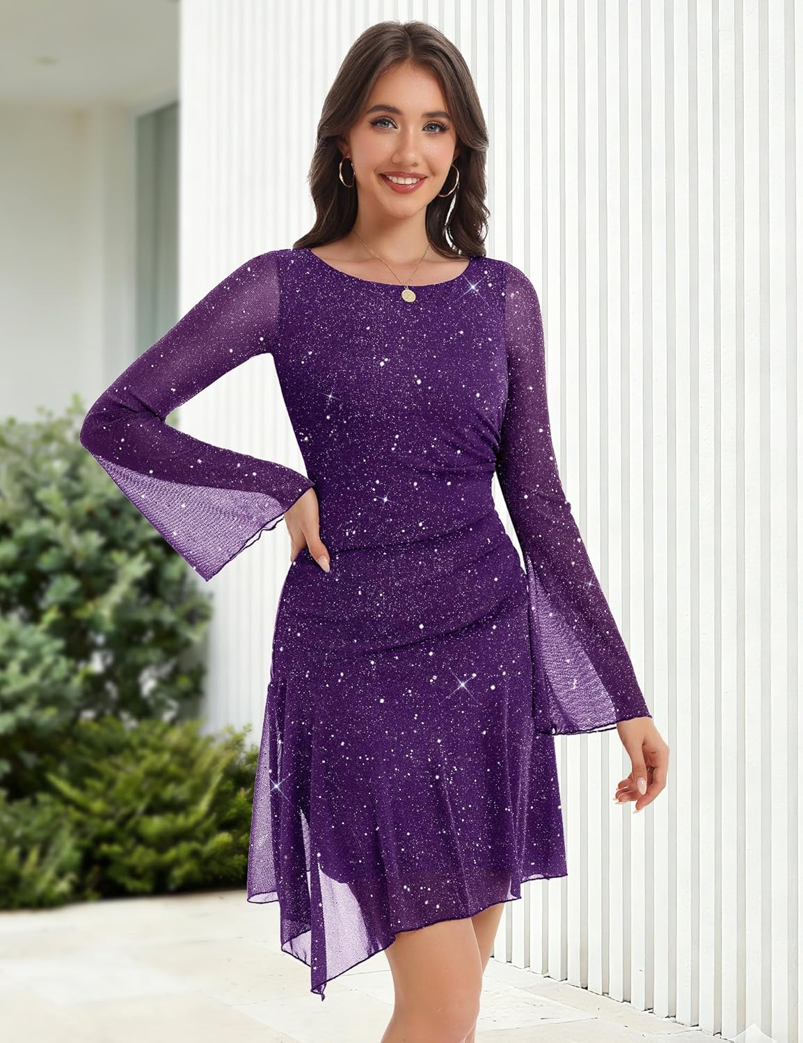 Aupuls Long Sleeve Sequin Prom Dresses for Teens Asymmetrical Going Out Women Party Cocktail Dress