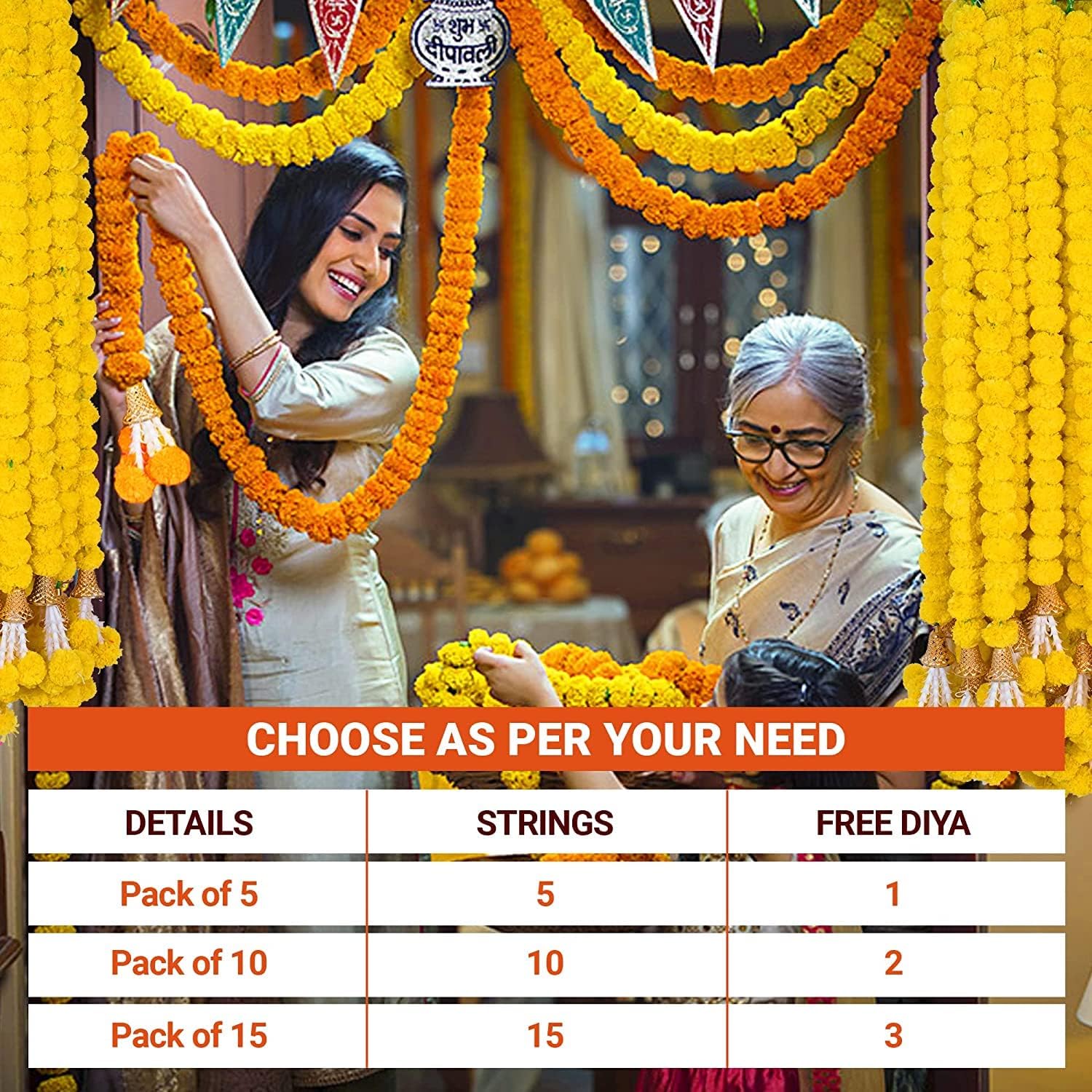 Artificial Marigold Flowers For Decoration Garland With Bell For Diwali & Festivals | 5 Feet Long 5 Pcs With 1 Diya (Yellow), 5 Centimeters