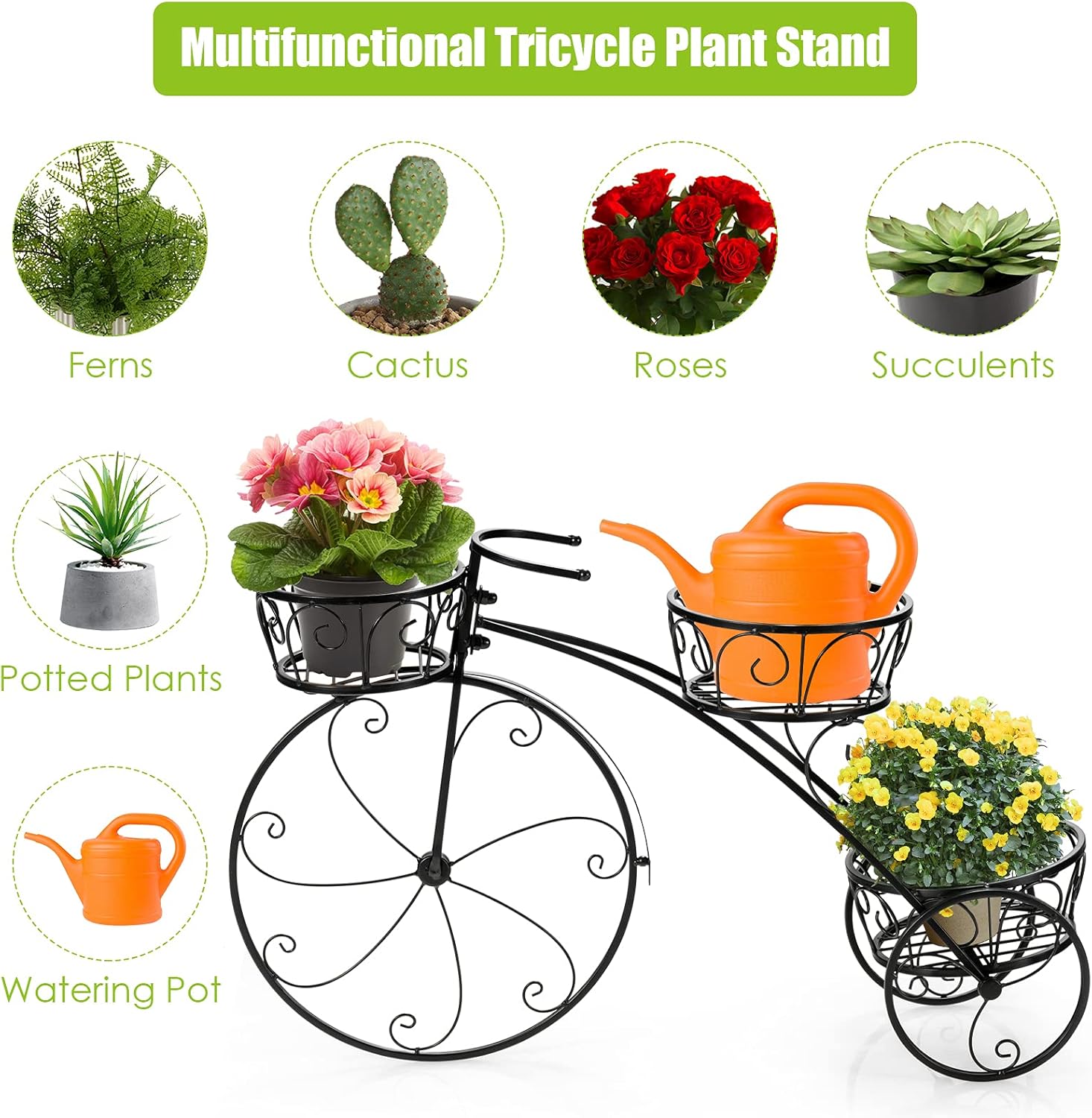 Bicycle Planter, Flower Pot Stand with 3 Decorative Wheels, 3 Collection Baskets, Metal Steel Frame, Tricycle Plant Stand for Outdoor, Indoor, Home, Balcony, Patio, Garden, Backyard