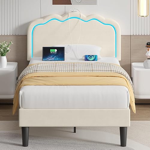 VECELO Upholstered Twin Bed Frame with Headboard Adjustable, LED Lights, USB-A & Type-C, Velvet Platform Bed Noise Free, Mattress Foundation with Wooden Slats, No Box Spring Needed, Beige