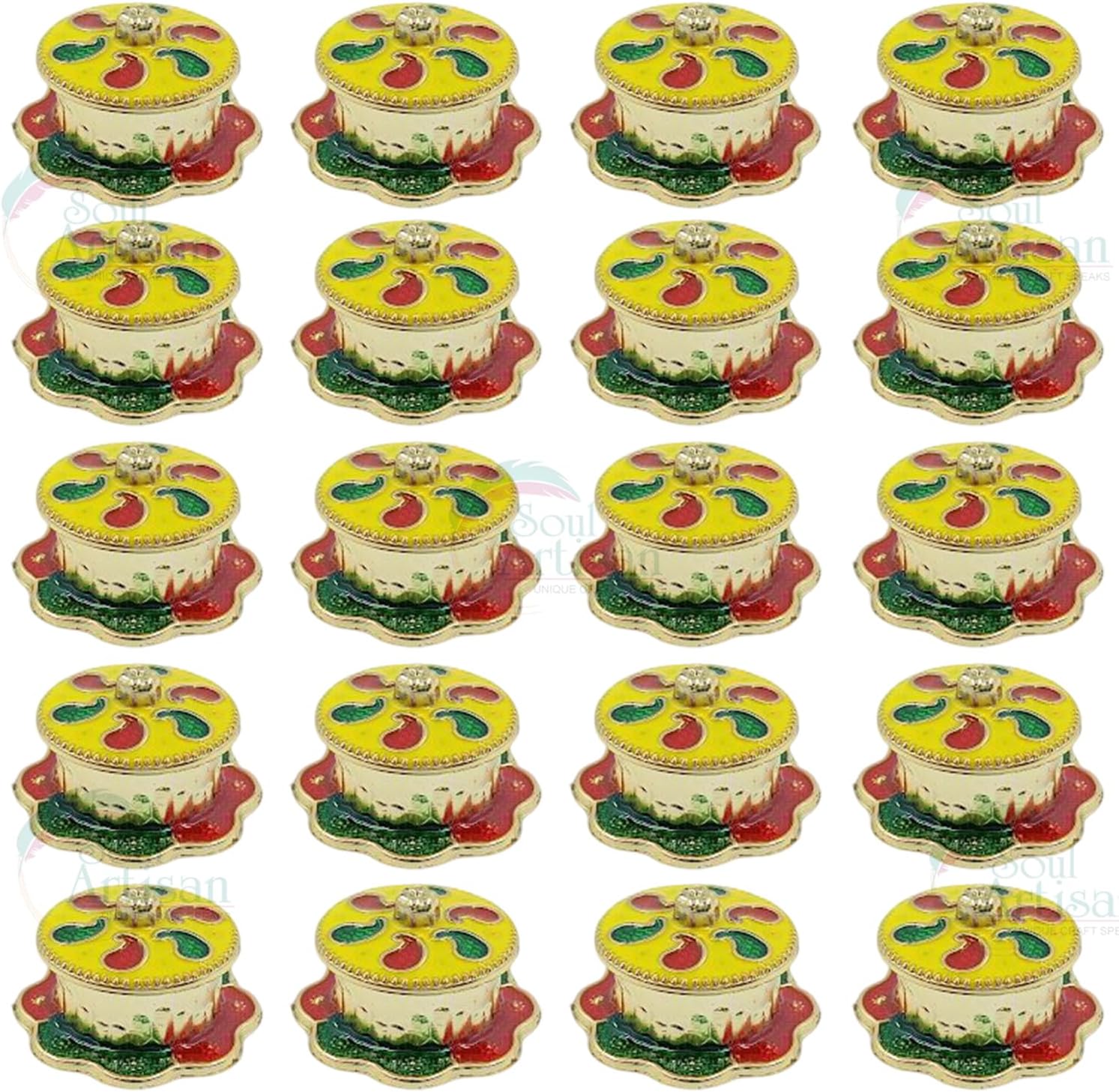 Round Mango Design Single Kumkuma Holder Chimil Box - Plastic Golden Metallic Color(Pack of 20) - Decorative Design Tilak Daani, Sindoor for Women Return Gift, Diwali, Weddings, Pooja