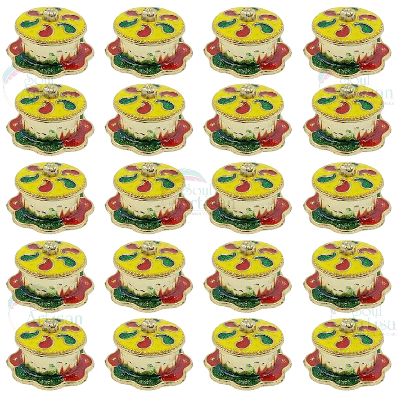 Soul Artisan Round Mango Design Single Kumkuma Holder Chimil Box - Plastic Golden Metallic Color(Pack of 20) - Decorative Design Tilak Daani, Sindoor for Women Return Gift, Diwali, Weddings, Pooja