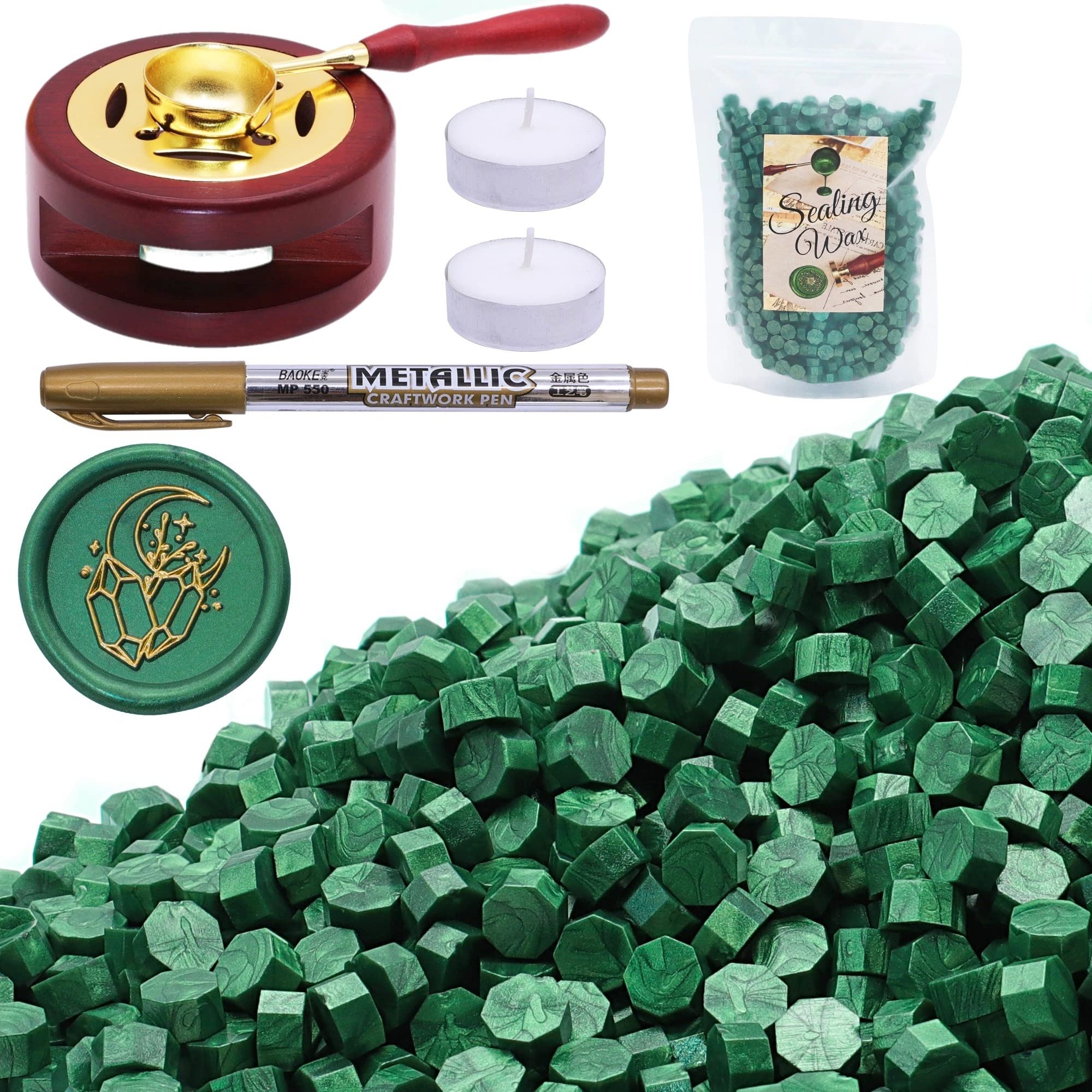 SWANGSA Kit de cera de sellado, 1450 cuentas de cera de sellado, verde metálico, calentador de sello de cera, cuchara de cera, bolígrafo de sello de cera dorado y velas de té para sello de cera y