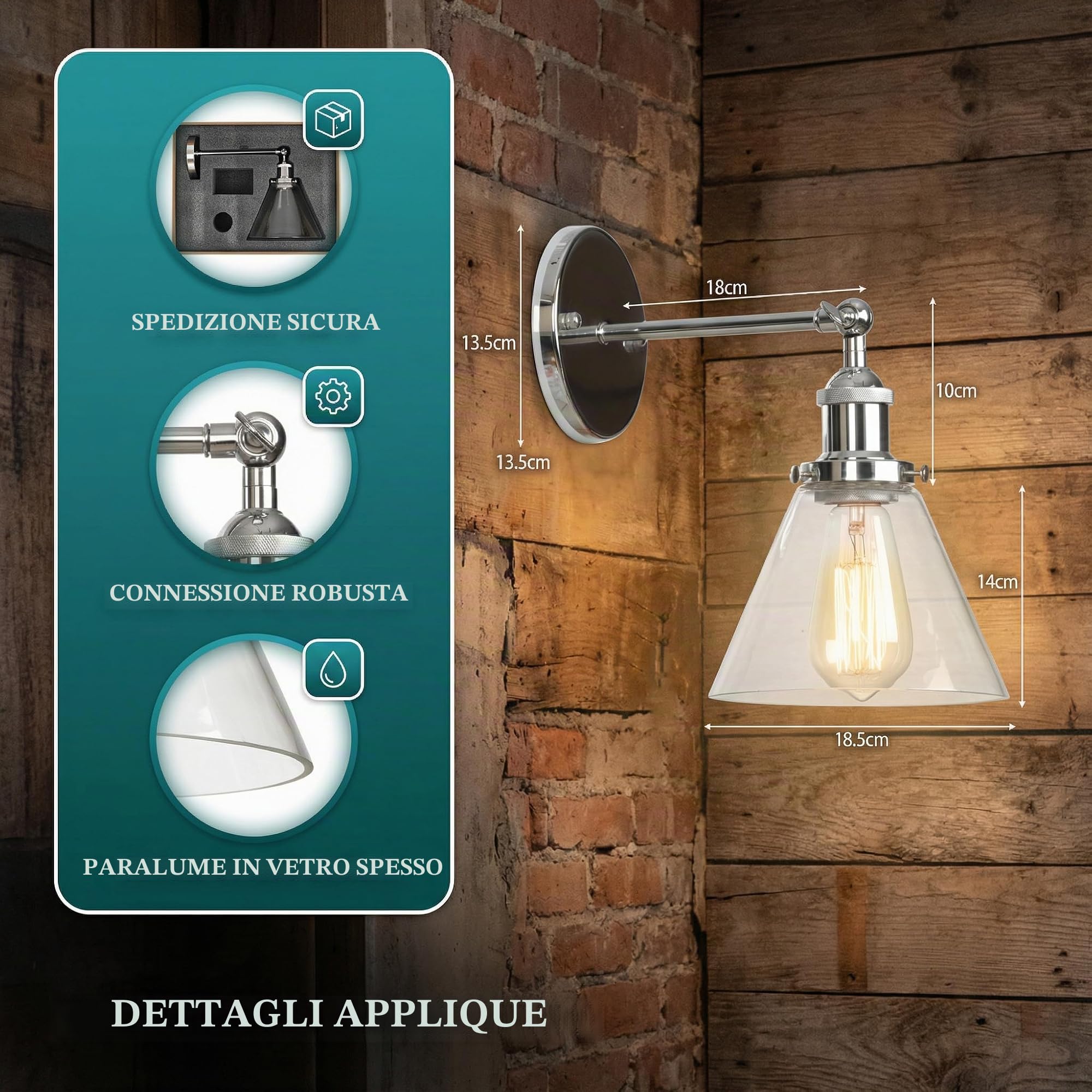 Applique da Parete Industriale, Lampada da Parele Vetro Vintage E27 per Angolo Lettura, Camera da Letto, Ingresso e Bagno, Illuminazione per Arredamento Casa (Argento Moderno, B)