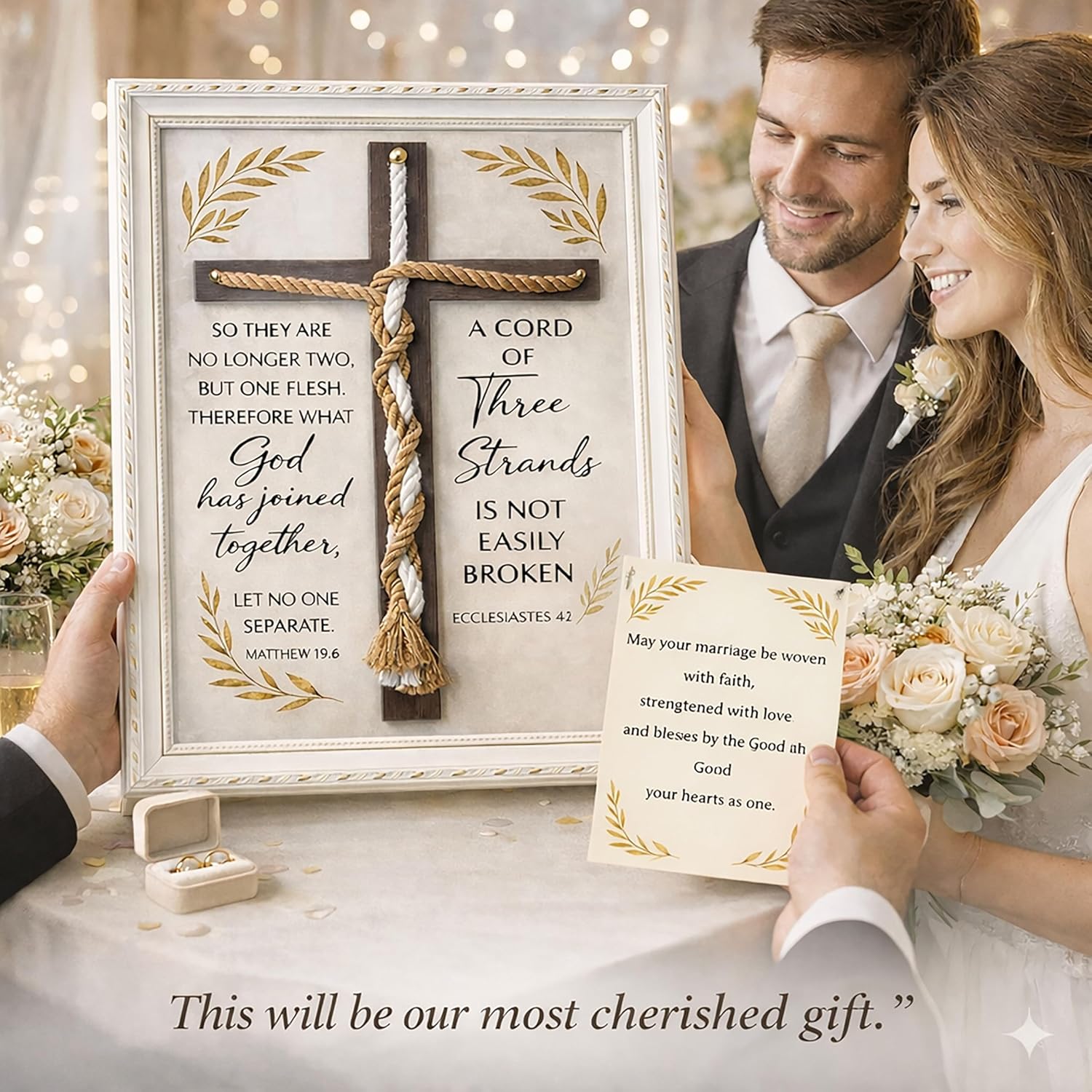 Antspertor A Cord of Three Strands Wedding Ceremony Sign,13 × 17 in– Interactive Unity Rope Cross for Braiding Ceremony, Bible Verse Christian Wall Décor Keepsake