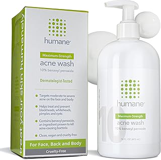 humane Benzoyl Peroxide Acne Body Wash - 10% Maximum-Strength Face, Skin, Butt, and Back Acne Treatment - 16 Fl Oz - Dermatologist-Tested Non-Foaming Acne Face Wash Cleanser - Vegan, Cruelty-Free