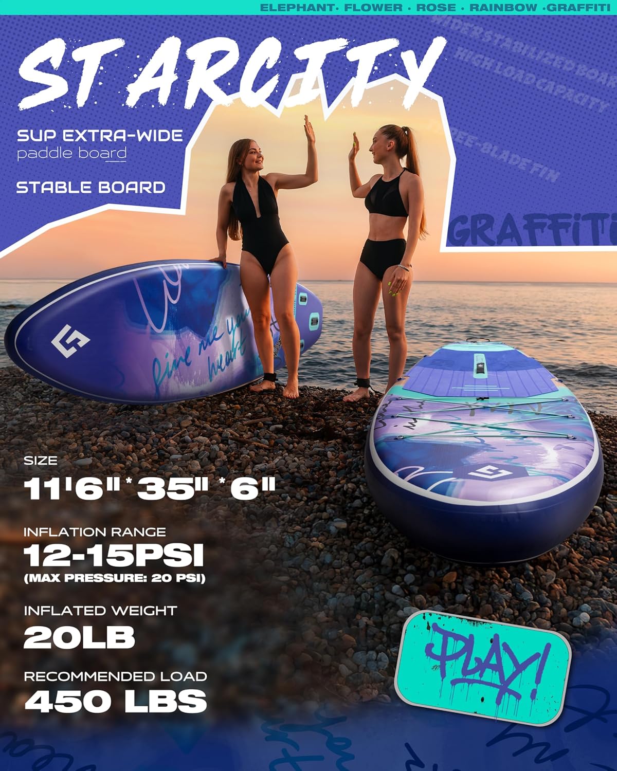 STARCITY Inflatable Stand Up Paddleboard W/Complete Accessories Extra Wide High Load Design Responsive Tracking 450 Pound Capacity 11'6"×35"×6" for Lake Ocean Touring Family Friendly Beginners