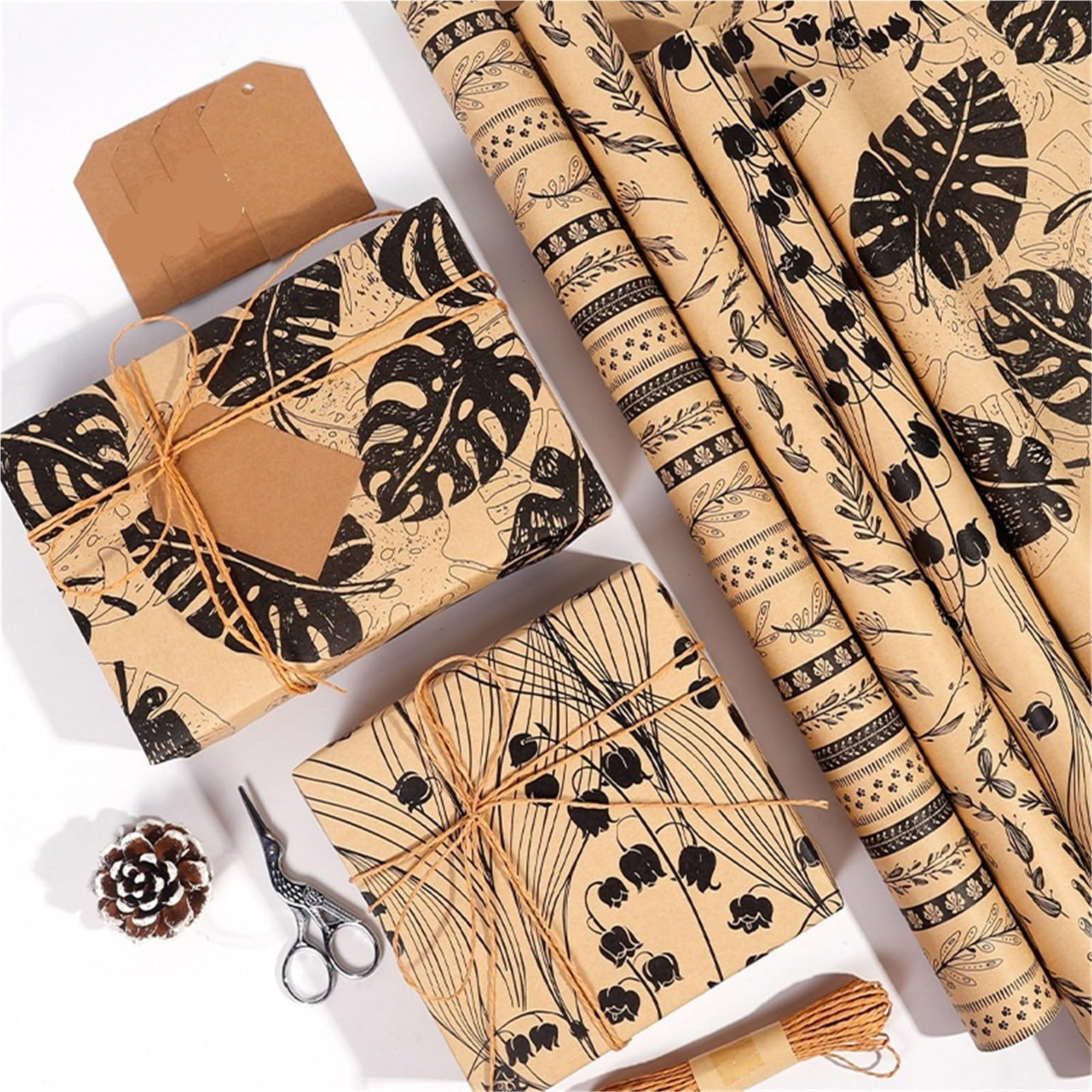 Rotolo di carta da regalo 3 rotoli 17 "X 120" per Carta Alimentare | Confezionamento di decorazioni floreali fai da te artigianali increspate di origami(Brown-B)
