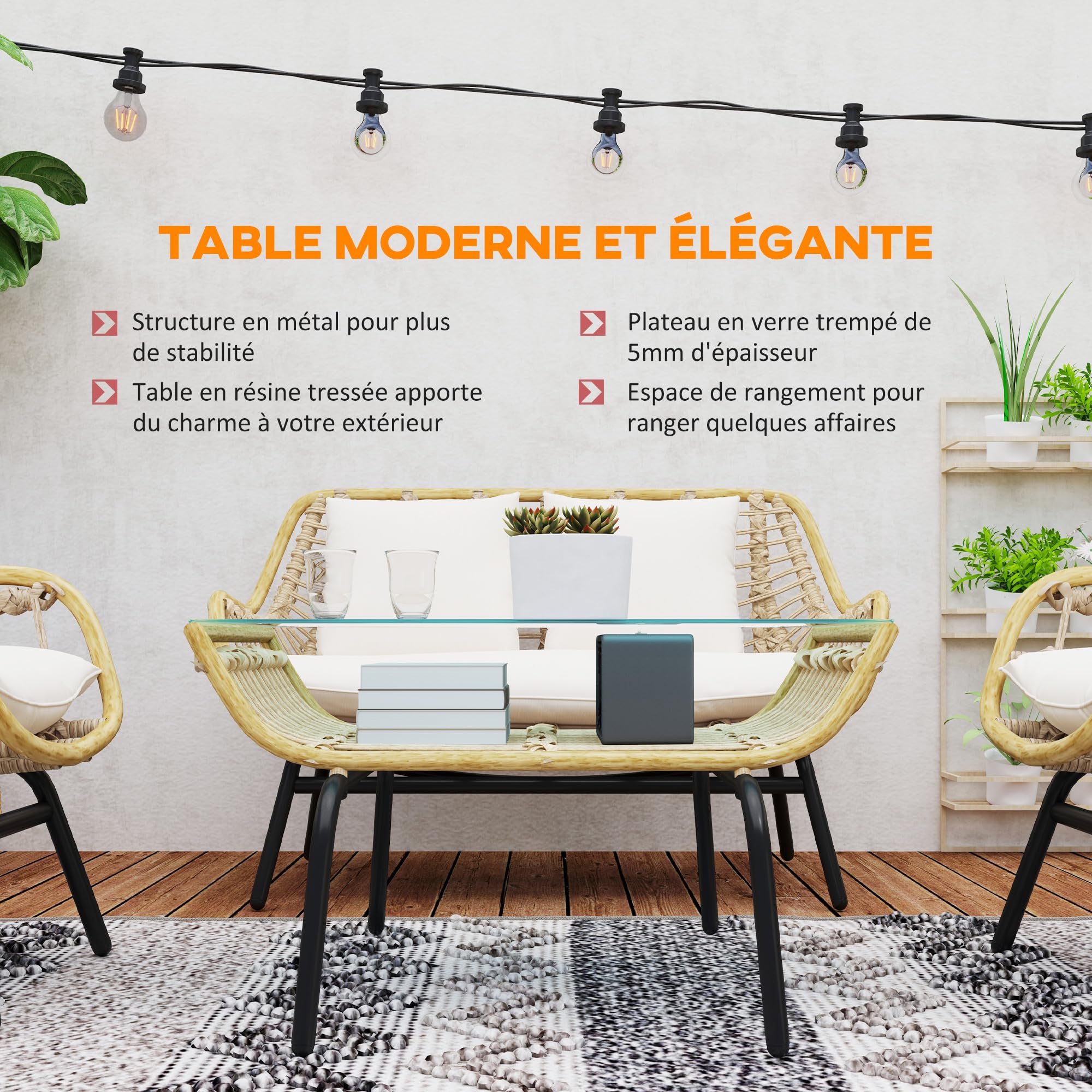 Outsunny Salon de Jardin 4 pers. 4 pièces Style Exotique métal époxy résine Imitation Coussins Grand Confort Inclus Polyester Beige