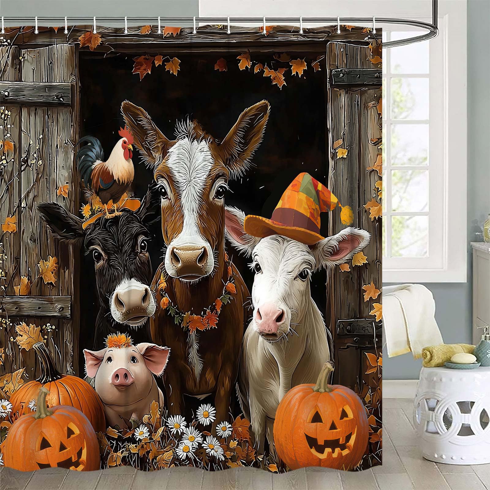 Fall Shower Curtain Set – Autumn Leaves Pumpkin Thanksgiving Bathroom Decor, 71 X 71 Inches