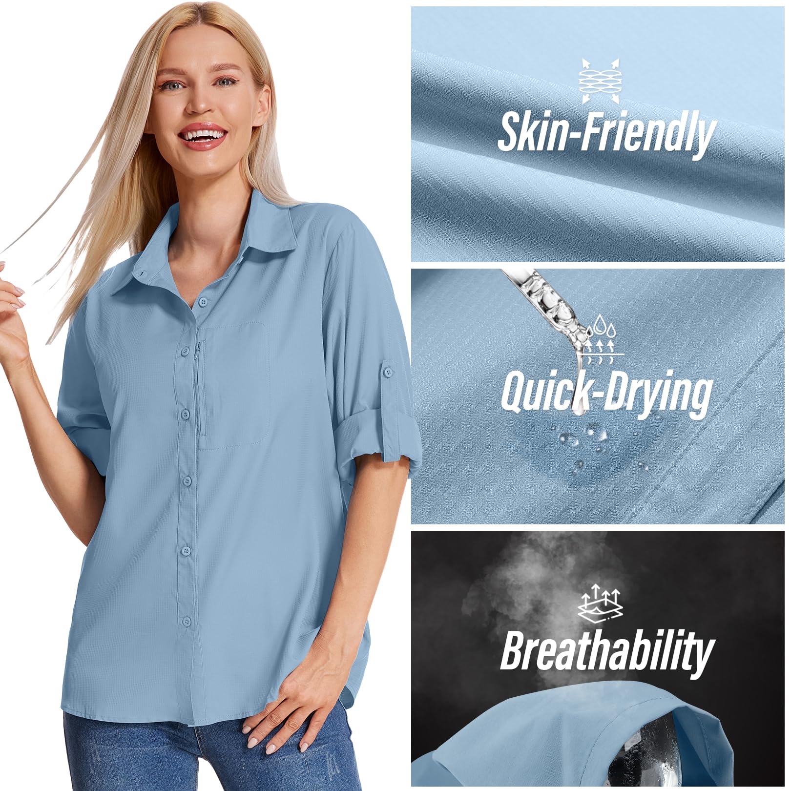 yeyity Damen Hemdbluse UV Schutz Langarmshirt Damen Schnell Trocknende Sport Shirts Wandershirt Safari Casual Button Up Tops Strandurlaub Elegant Bluse