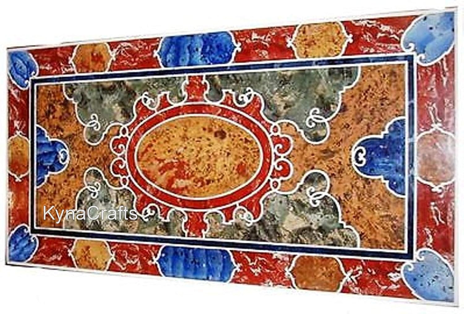 Pietra Dura Art Dining Table Top with Natural Stones Inlay Work 24 x 48 Inches Marble Restaurant Table