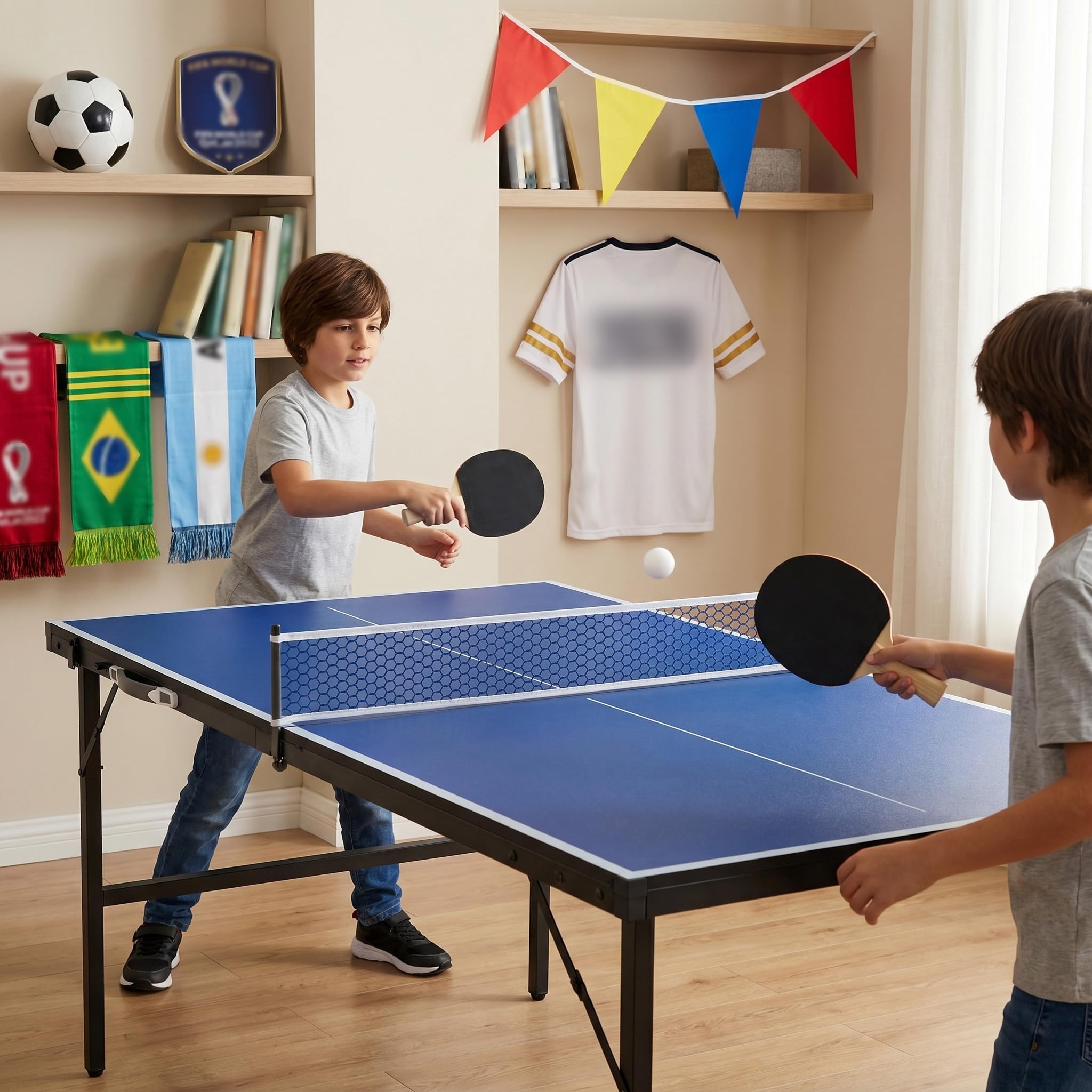 Aufun Tavolo da ping pong pieghevole, design con valigetta, pannello in MDF, per interni ed esterni, con rete, 2 racchette, 5 palline, custodia integrata, nero, 152,5 x 76 cm