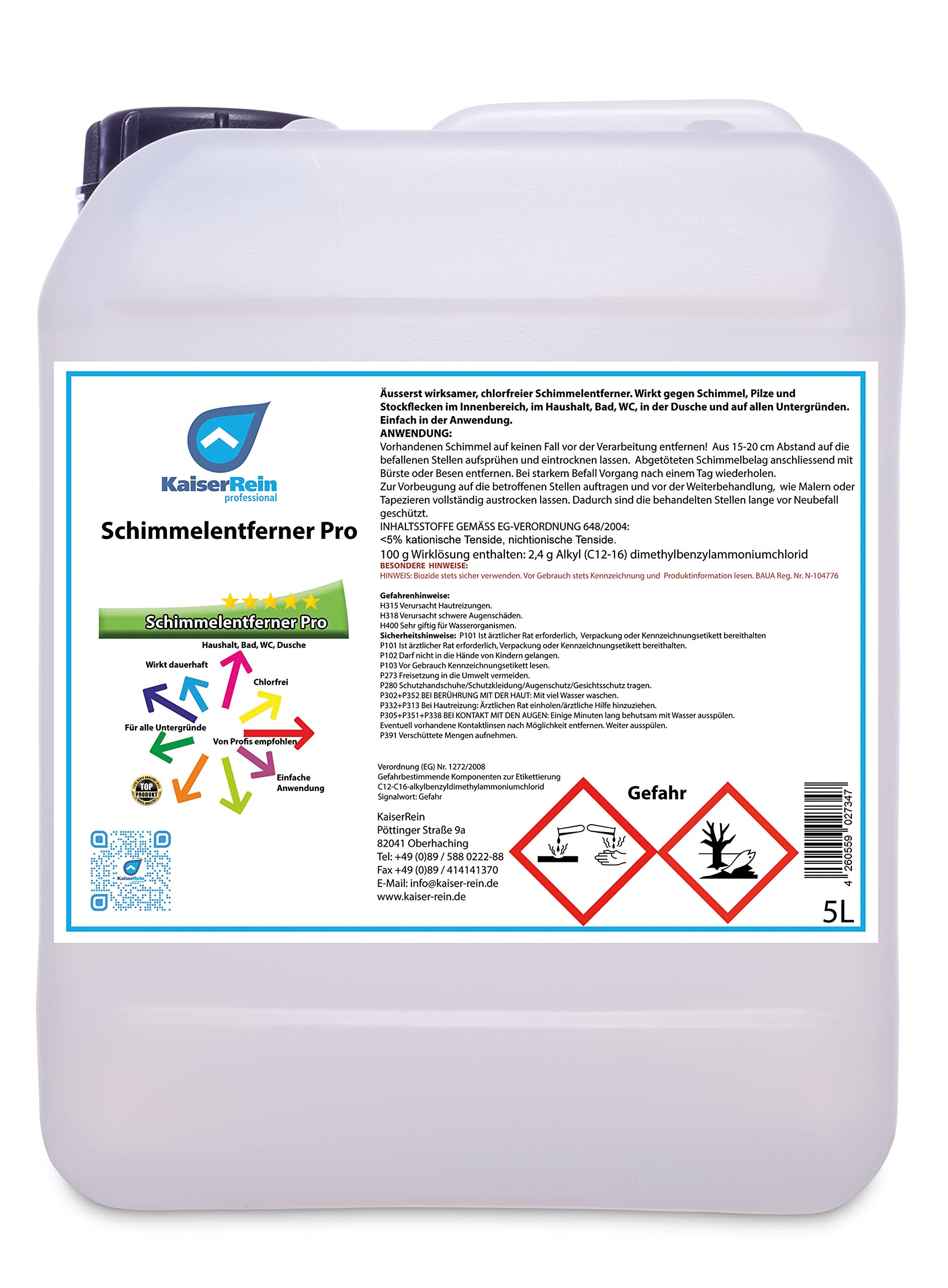 KaiserRein Schimmel-Entferner Spray 5 L mit Auslasshahn und 500 ml Flasche Haushalt, Bad, WC, Dusche Chlorfrei wirkt dauerhaft