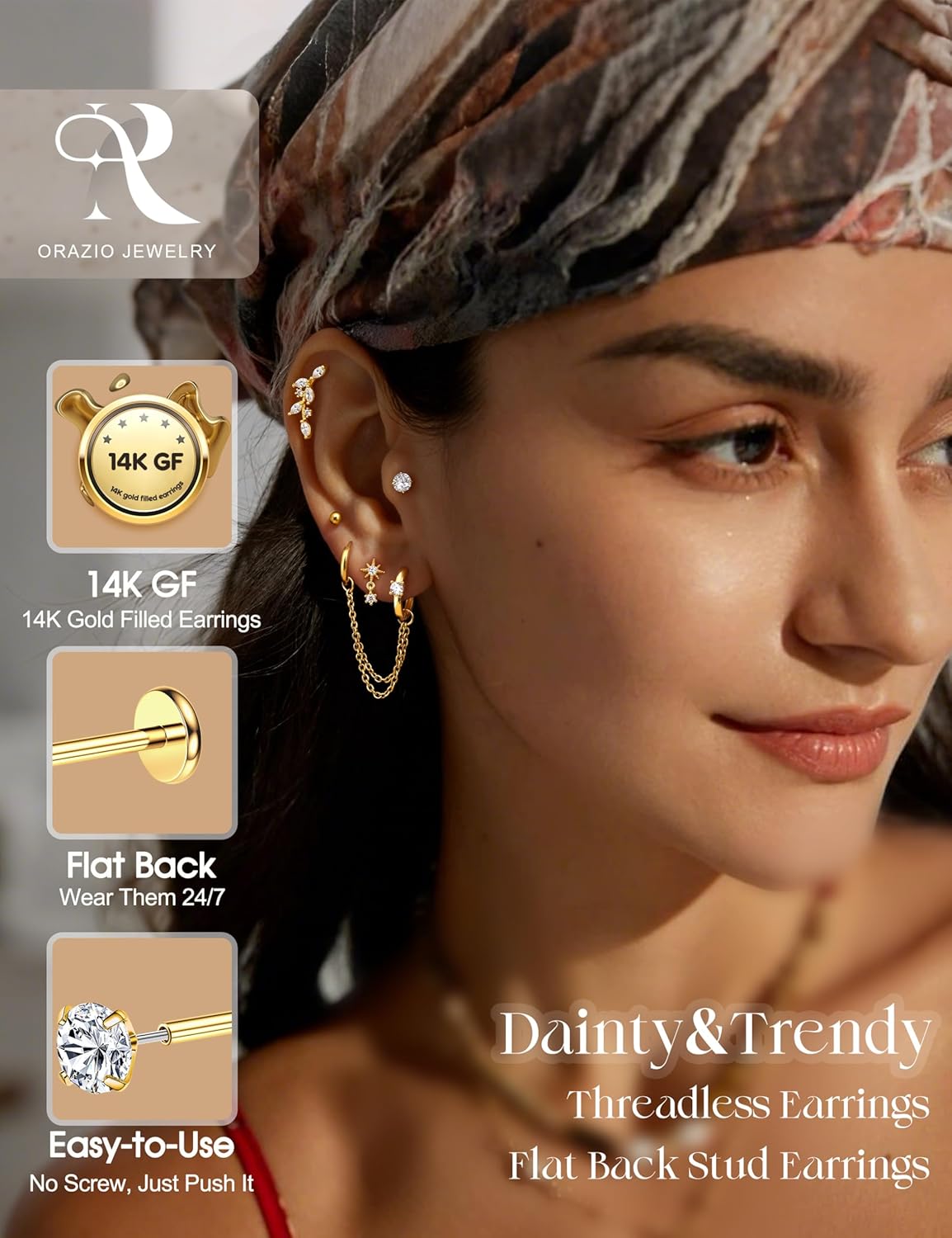 ORAZIO 16G/18G/20G Threadless Flat Back Earrings 316L Surgical Steel Cartilage Earring Stacks Flatback Push in Nose Rings Studs Hypoallergenic Tragus Helix Conch Labret Medusa Piercing Jewelry - Image 2