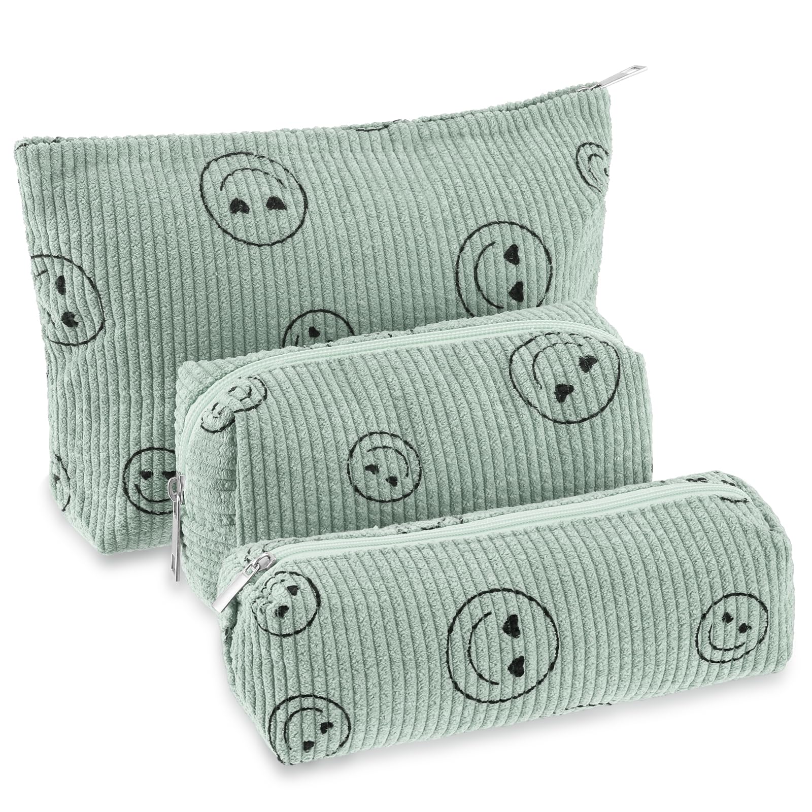 Huhumy 3 Pcs Makeup Bag Set for Women Corduroy Cosmetic Pouch Aesthetic Smile Travel Toiletry Bag Cute Purse Pouch Pencil Case Makeup Brushes Storage