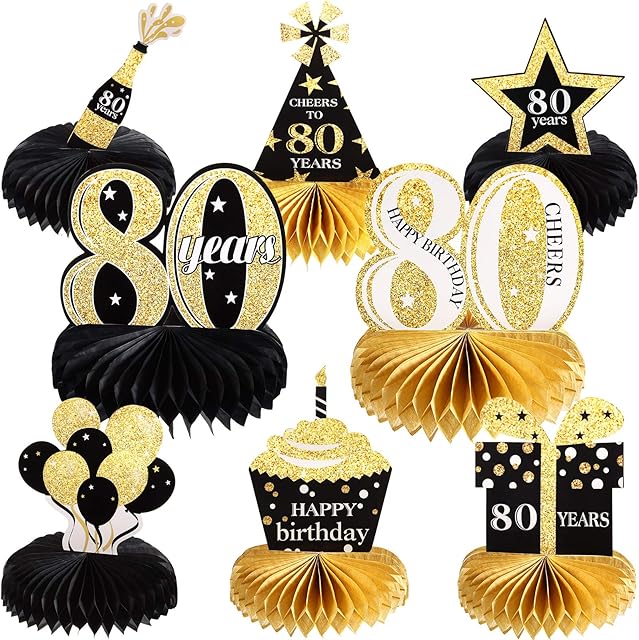 Outus 8 Pieces 80th Birthday Decorations Set, Happy 80th Honeycomb Centerpieces Table Toppers for Cheers to 80 Years Party Supplies Favors