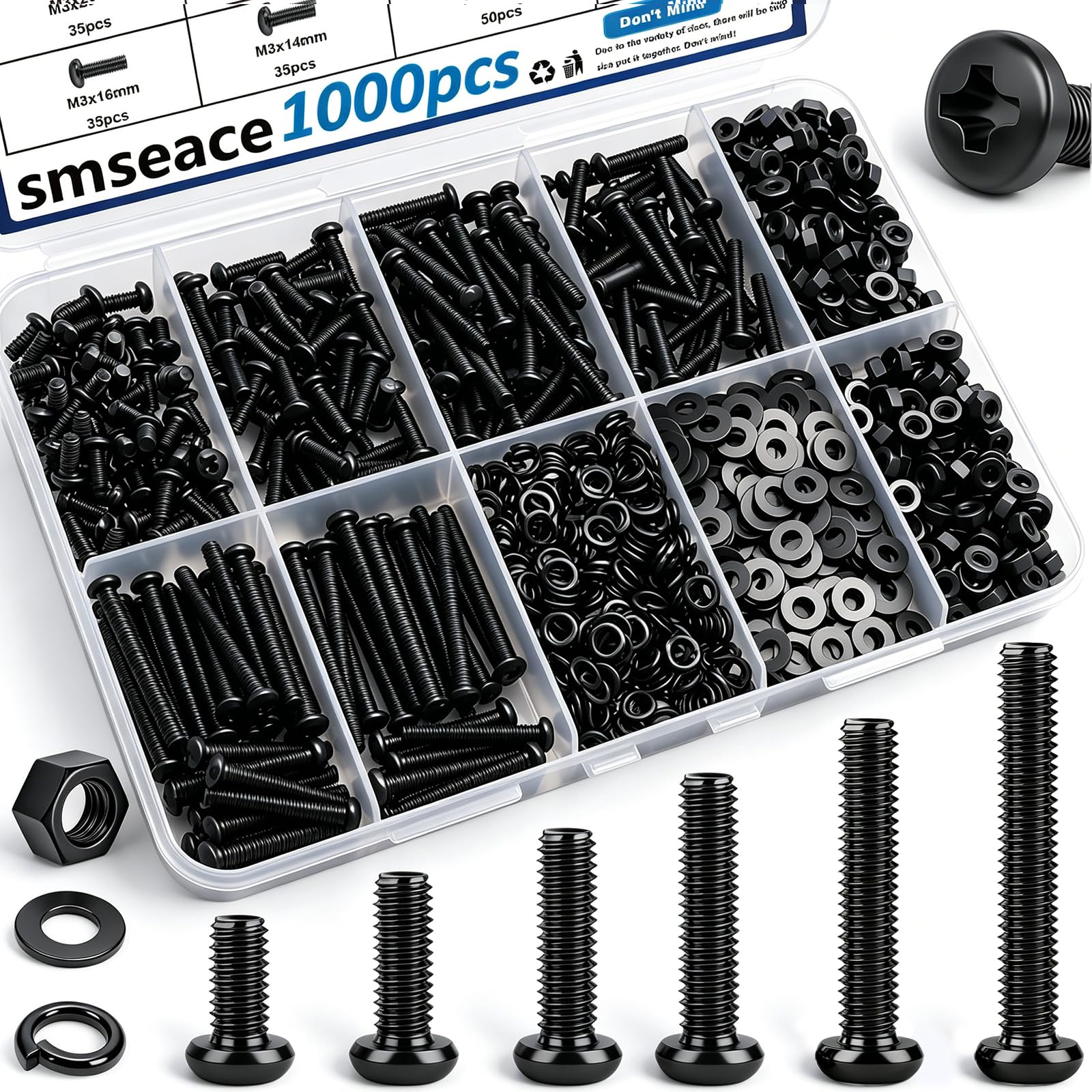 smseace 516Pcs Black Nuts and Bolts Assortment Kit 21-Sizes M3/M4/M5/M6 Nut Bolt Washer Assortment Kit for Machinery, Furniture, Automotive, Motorcycle Repairs — Amazon image 19