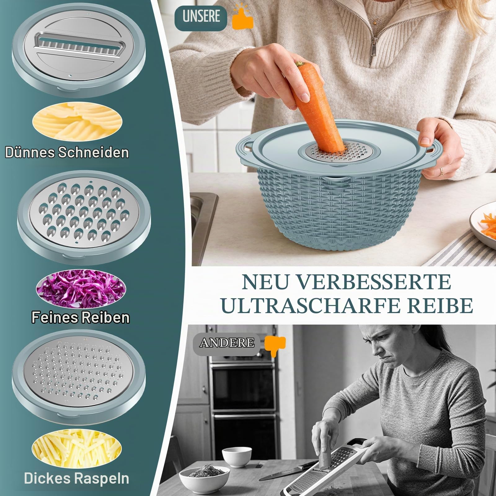 4-1 Sieb mit Rührschüssel-Set – Siebe für die Küche, Lebensmittelsiebe und Siebe, Nudelsieb, Reissieb, Obstreiniger, Gemüsewäsche, Salatschleuder, Wohnungs- und Haushaltsutensilien – Blau 02