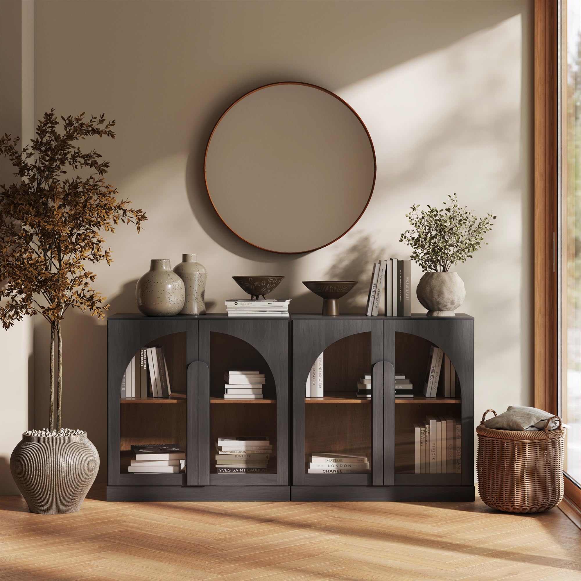 BELLEZE 65 Inch Fluted Buffet Cabinet with Storage, Symmetrical Arc Accent Sideboard Large Console Table for Dining Room, Kitchen, and Living Room (Camel) — view 36
