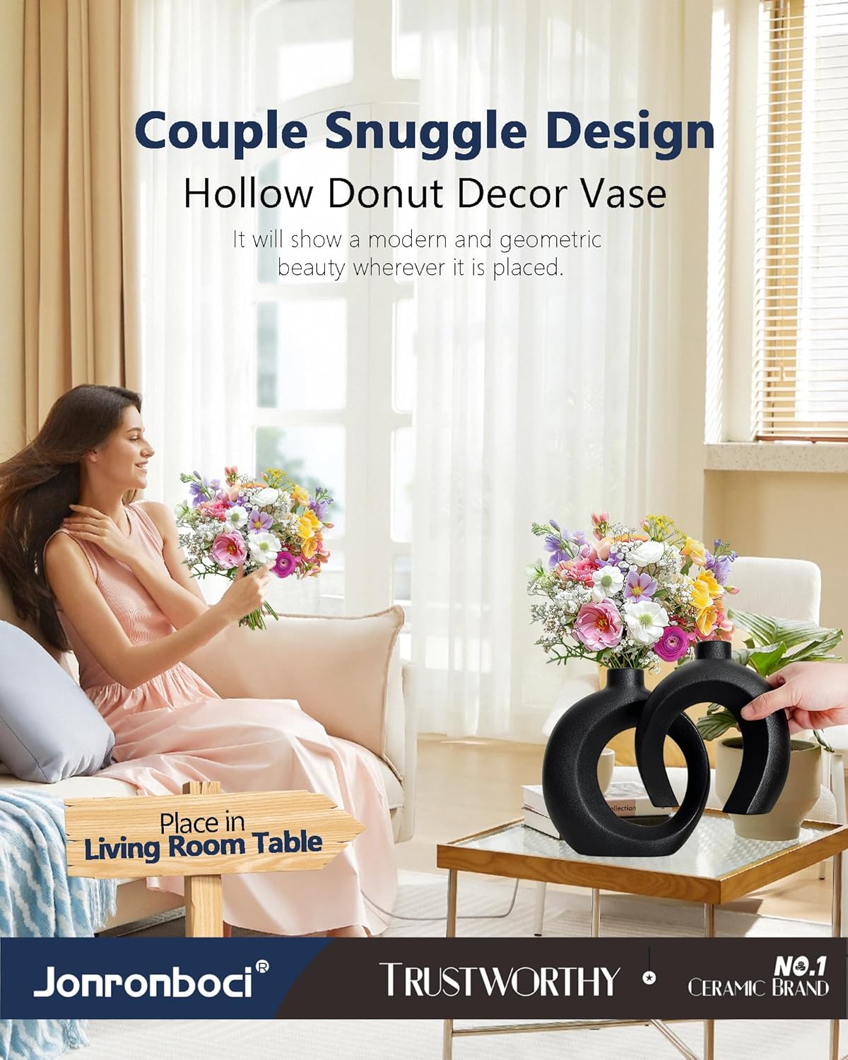 Black Ceramic Donut Shaped Decorative Vase Set of 2