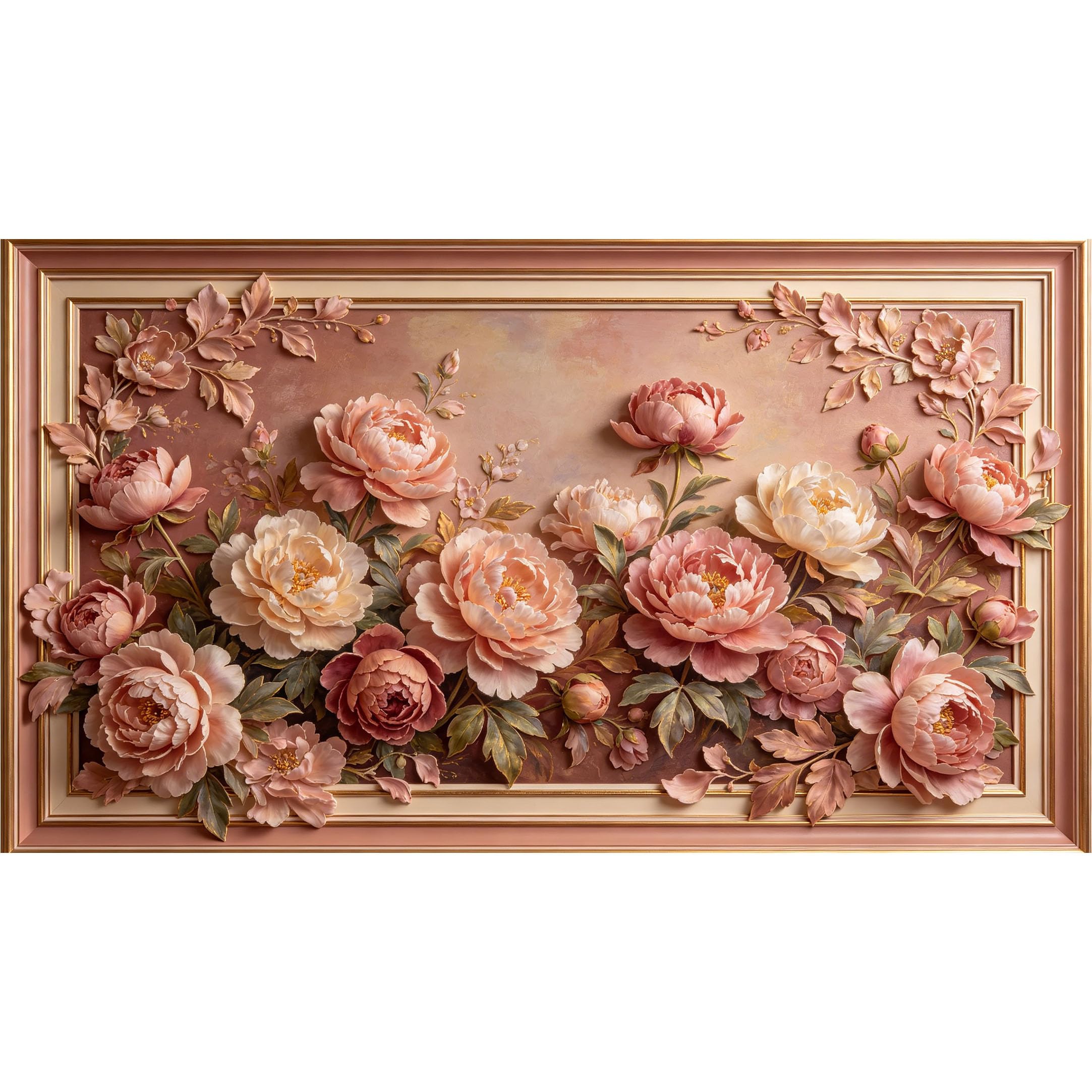 QZLITHOTIC 50x90cm3D Framed Wall Art， Floral Peony Blossom Oil Painting Style Self‑Adhesive Mural， Water‑Activated Peel & Stick Fabric Decor Wall Decal for Bedroom Living Room