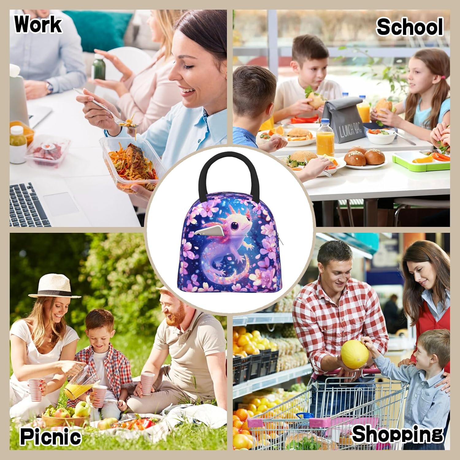 Axolotl Lunch Box for Women Cute Animal Lunchbag Reusable Insulated Cooler Lunch Container for Women Work Office Travel Picnic Hiking