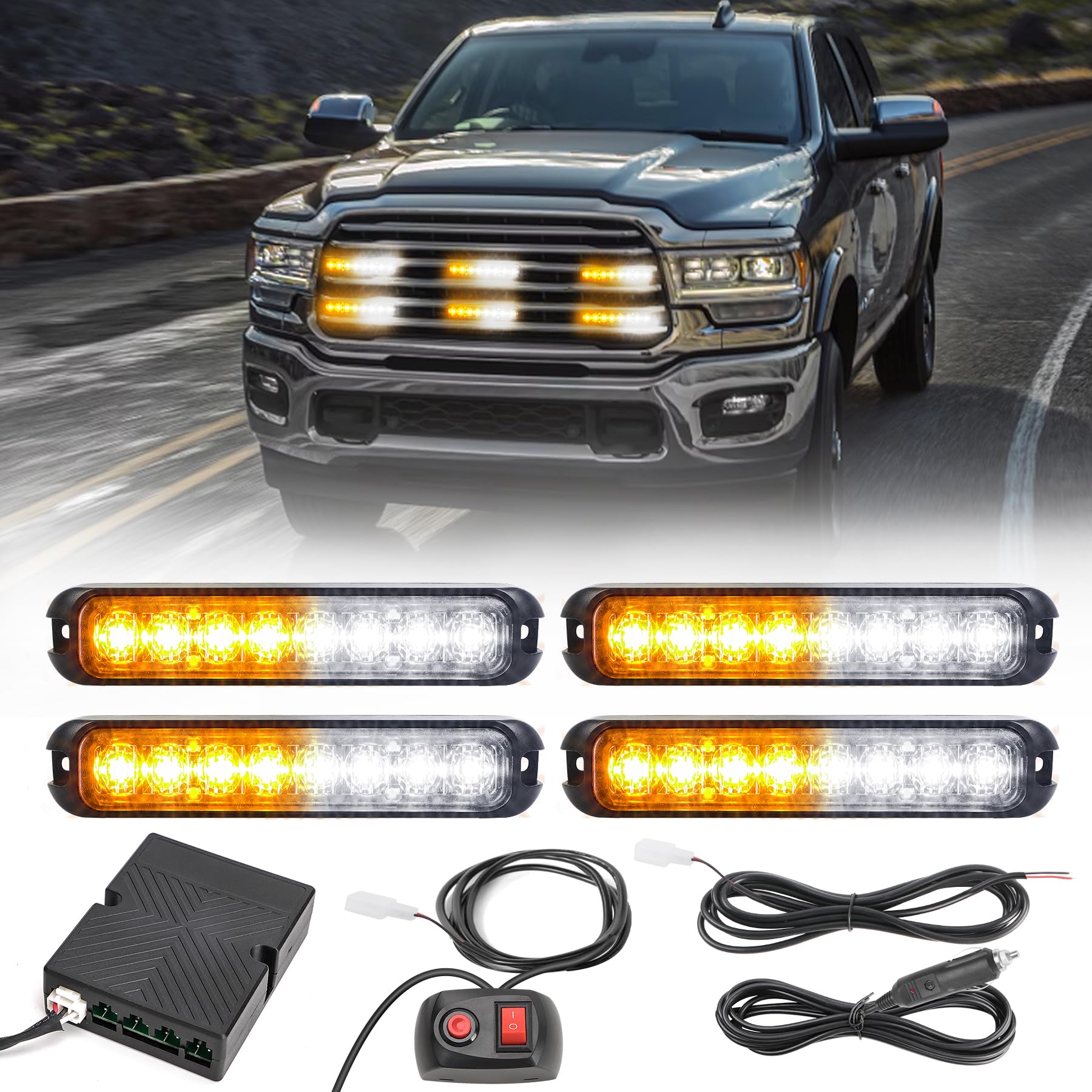 ROUTEKING 4X8LEDs Car Strobe Flash Lights Hazard Warning Beacon Emergency Flashing Lights14 Modes with Main Control Box Universal for 12V 24V Car Vehicle Truck Trailer Caravan Camper Van (Amber/White)