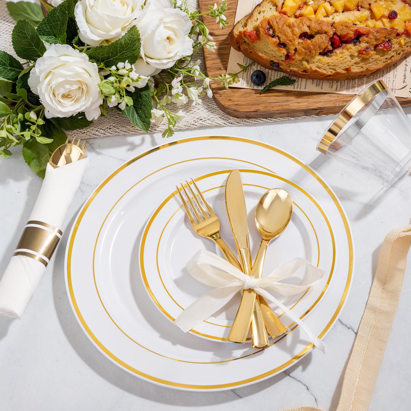 WELLIFE 350-Piece Gold Disposable Plates and Cutlery Set - Premium 10.25" Dinner Plates, 7.5" Dessert Plates, 9oz Cups & Cutlery for Weddings, Catering Events - 50 Guest Service - Elegant & Sturdy