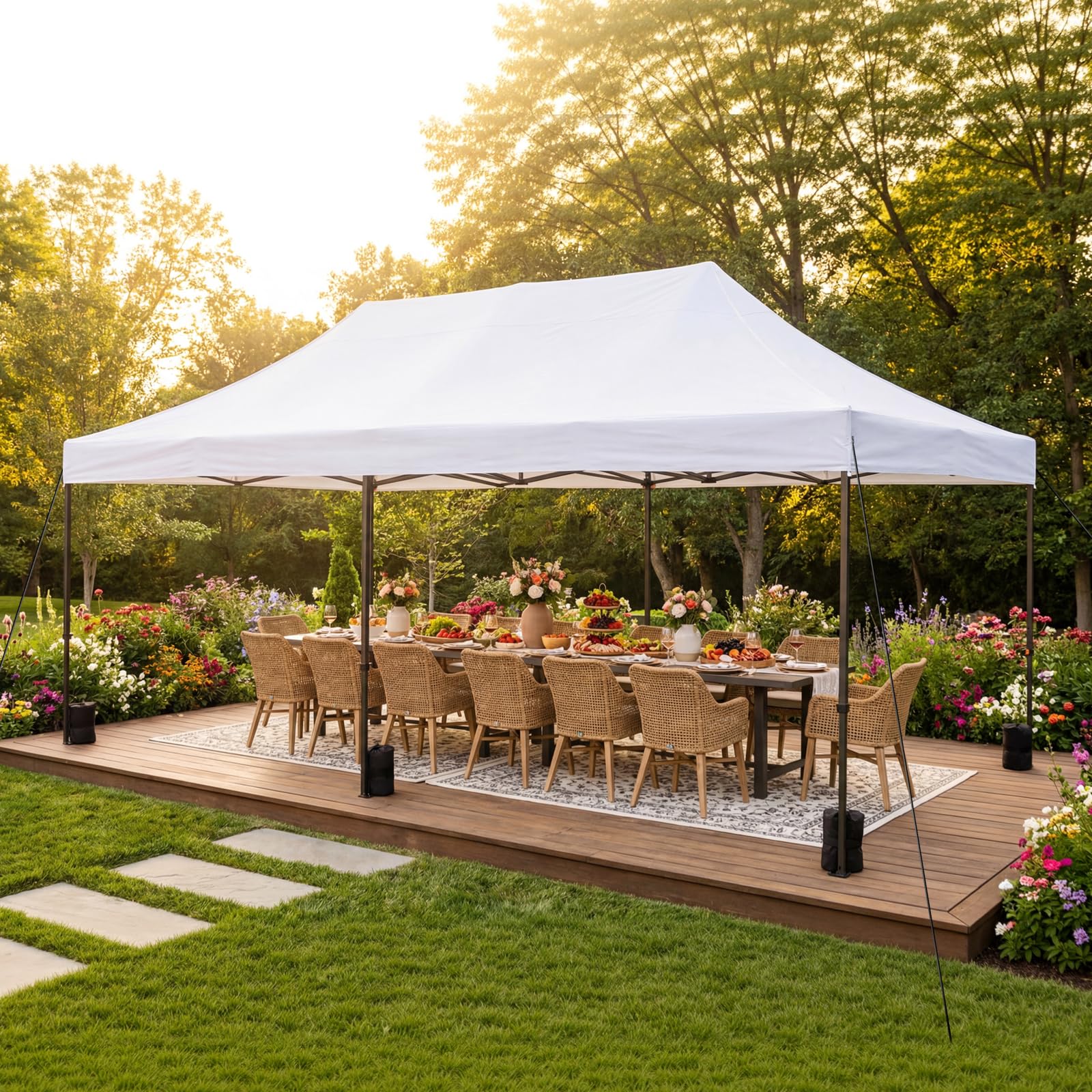 VOWNER Gazebo 3x6m Pieghevole Impermeabile, Gazebo Esterno Resistente Pop-up Regolabile in Altezza, Giardino Protezione UV 50+,Padiglione con Borsa, Bianco